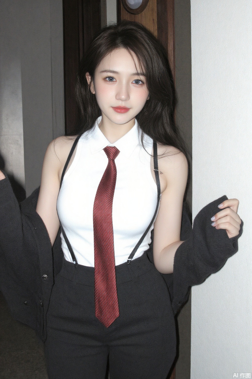 1 girl, solo, long hair, watching the audience, blue eyes, shirt, black hair, white shirt, tie, sleeveless, sleeveless shirt, suspender, red tie, whole body, thighs, trousers, lifelike.