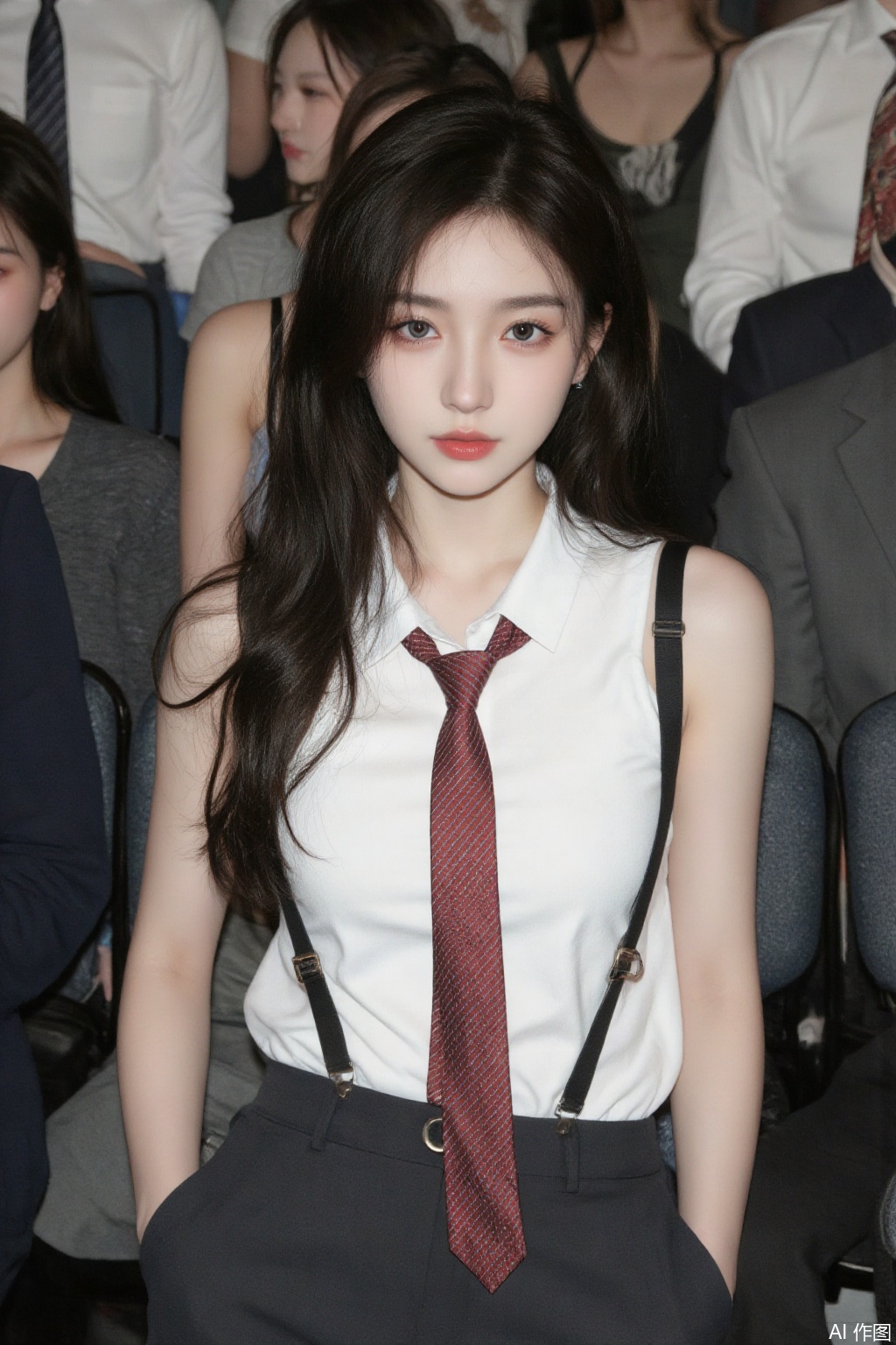 1 girl, solo, long hair, watching the audience, blue eyes, shirt, black hair, white shirt, tie, sleeveless, sleeveless shirt, suspender, red tie, whole body, thighs, trousers, lifelike.