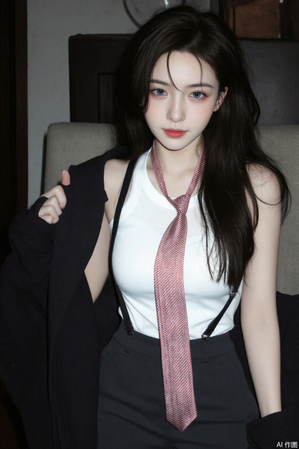 1 girl, solo, long hair, watching the audience, blue eyes, shirt, black hair, white shirt, tie, sleeveless, sleeveless shirt, suspender, red tie, whole body, thighs, trousers, lifelike.