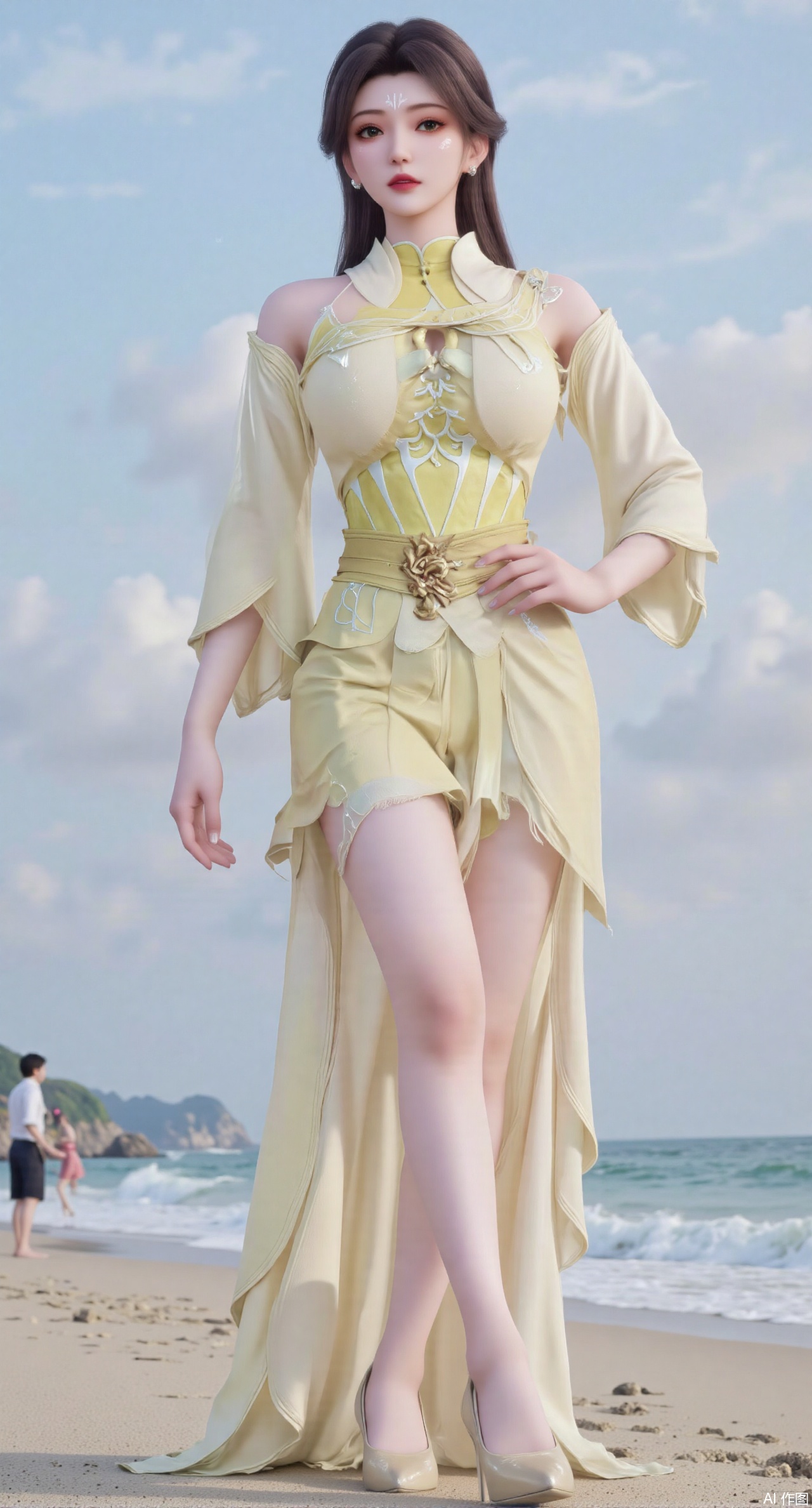 (masterpiece:1.2),best quality,3D animation,CG,absurdres,masterpiece,original,extremely detailed wallpaper,perfect lighting,(extremely detailed CG:1.2),1girl,solo,standing,(huge breasts:2.69),(full breasts:2.59),,looking at viewer,(cowboy_shot:1.1),long hair,high heels,blurry background,depth of field,motion blur,long dress,china_dress,chinese_style,bare shouders,crystal_earrings,headpiece,hair_tie,chest_jewel,gem,necklace,jewelry,in summer,day,outdoors,nature,sea,(rose,beach:1.49),(huge breasts:2.99),(full breasts:2.99),(very long legs,Diamond-studded high heels:1.5),XlimuwanJCB,XcaiyunK,Xxueliu