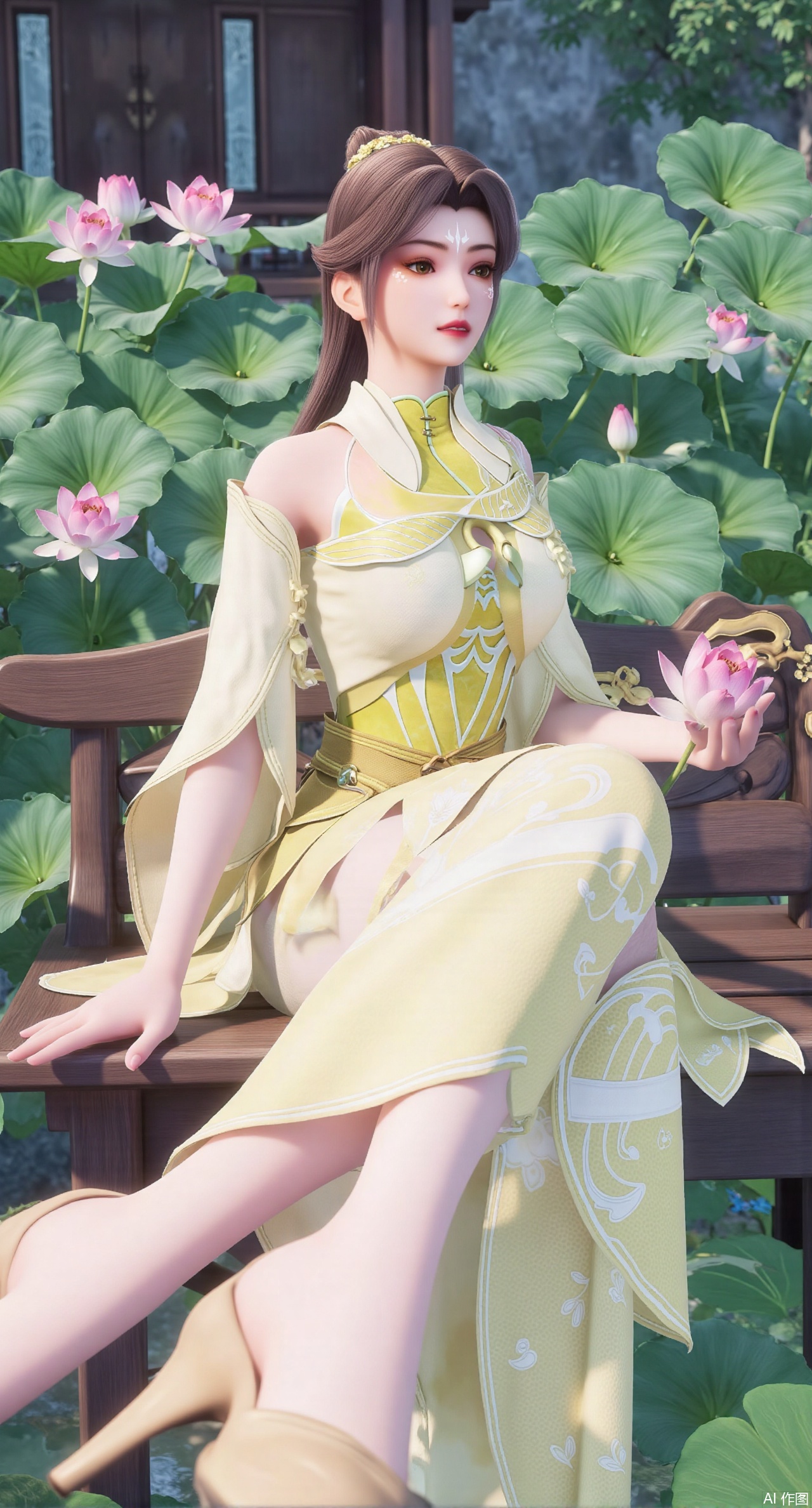  (masterpiece:1.2),best quality,The image is a digital illustration of a young woman sitting on a wooden bench in a pond with lily pads. She is wearing a long dress with design on the chest and sleeves. The dress has a high neckline and short sleeves,Holding a lotus in hand. She has long dark hair styled in loose waves and is wearing gold high heels. The woman is posing with one hand on her hip and the other resting on the edge of the bench. The background is filled with pink and white lotus flowers and green leaves. The overall mood of the image is peaceful and serene,(huge breasts:2.99),(full breasts:2.99),(Background with traditional Chinese architecture,Pond, water lilies:1.39),,XzhihuaX,Xleidianjiangjun,Xyuenanaodai,XmeiningSMW,XhaiyuejiCosplay,Xyoulingniang,XbachongshenziCOS,XjiaodaiqunDHL,Xshuilian,Xhujiaoer,XshanhugongxinhaiCOS,XshengcaierX2,Xxiuhefu,Xsiyudan,XjiangchenY,XyouqianxueK,Xxueliu