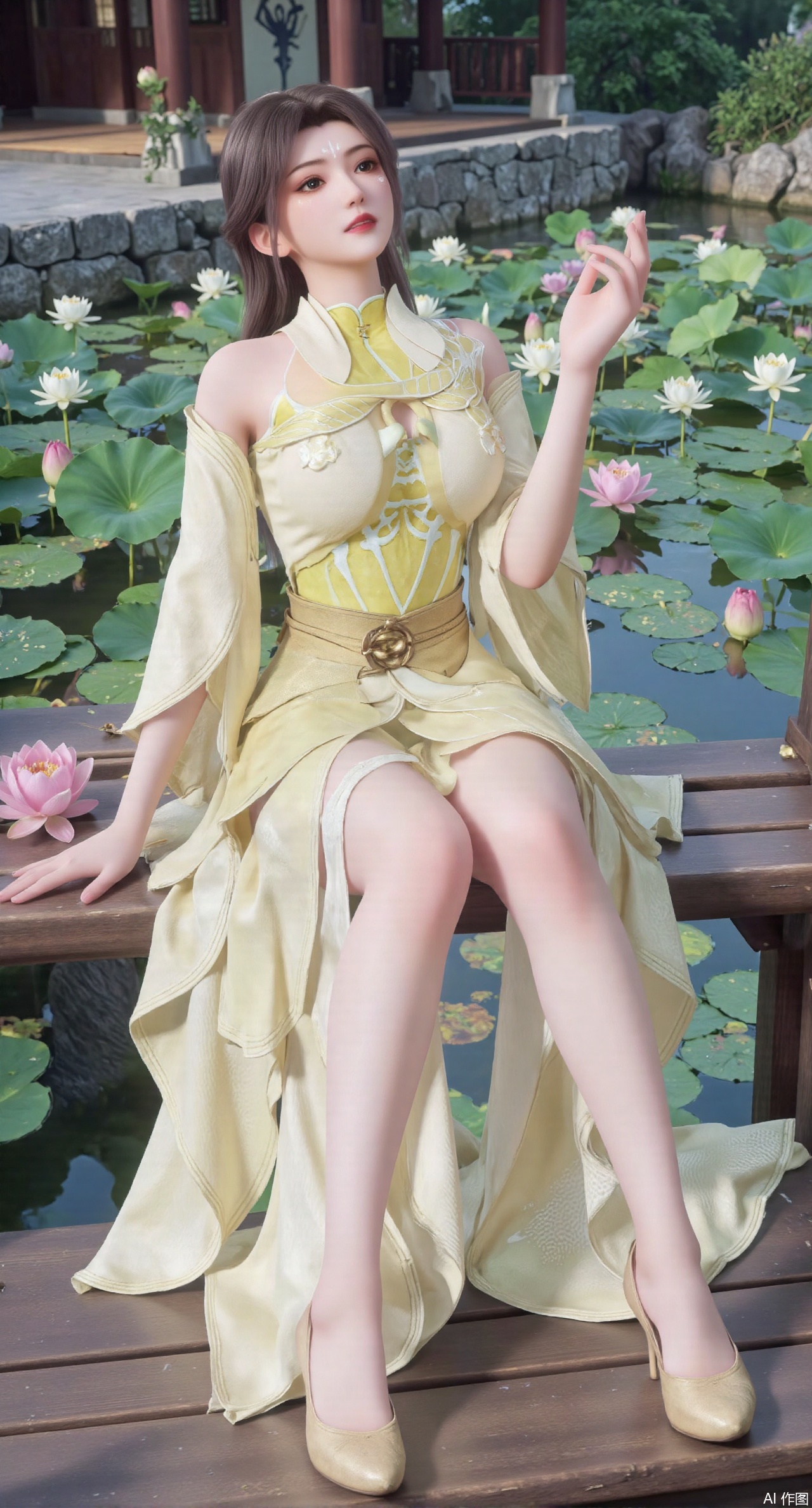  (masterpiece:1.2),best quality,The image is a digital illustration of a young woman sitting on a wooden bench in a pond with lily pads. She is wearing a long dress with design on the chest and sleeves. The dress has a high neckline and short sleeves,Holding a lotus in hand. She has long dark hair styled in loose waves and is wearing gold high heels. The woman is posing with one hand on her hip and the other resting on the edge of the bench. The background is filled with pink and white lotus flowers and green leaves. The overall mood of the image is peaceful and serene,(huge breasts:2.99),(full breasts:2.99),(Background with traditional Chinese architecture,Pond, water lilies:1.39),,XzhihuaX,Xleidianjiangjun,Xyuenanaodai,XmeiningSMW,XhaiyuejiCosplay,Xyoulingniang,XbachongshenziCOS,XjiaodaiqunDHL,Xshuilian,Xhujiaoer,XshanhugongxinhaiCOS,XshengcaierX2,Xxiuhefu,Xsiyudan,XjiangchenY,XyouqianxueK,Xxueliu