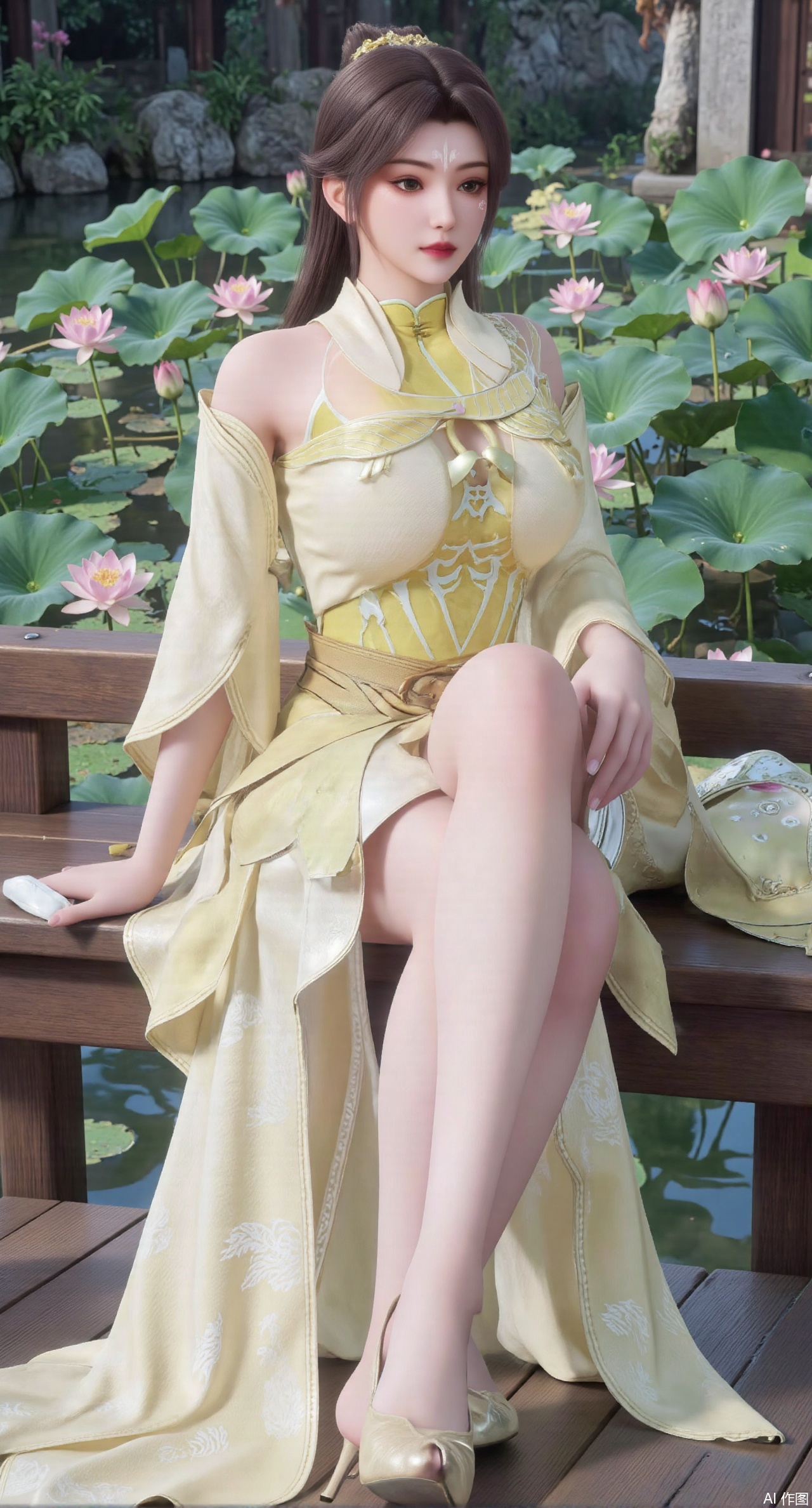  (masterpiece:1.2),best quality,The image is a digital illustration of a young woman sitting on a wooden bench in a pond with lily pads. She is wearing a long dress with design on the chest and sleeves. The dress has a high neckline and short sleeves,Holding a lotus in hand. She has long dark hair styled in loose waves and is wearing gold high heels. The woman is posing with one hand on her hip and the other resting on the edge of the bench. The background is filled with pink and white lotus flowers and green leaves. The overall mood of the image is peaceful and serene,(huge breasts:2.99),(full breasts:2.99),(Background with traditional Chinese architecture,Pond, water lilies:1.39),,XzhihuaX,Xleidianjiangjun,Xyuenanaodai,XmeiningSMW,XhaiyuejiCosplay,Xyoulingniang,XbachongshenziCOS,XjiaodaiqunDHL,Xshuilian,Xhujiaoer,XshanhugongxinhaiCOS,XshengcaierX2,Xxiuhefu,Xsiyudan,XjiangchenY,XyouqianxueK,Xxueliu