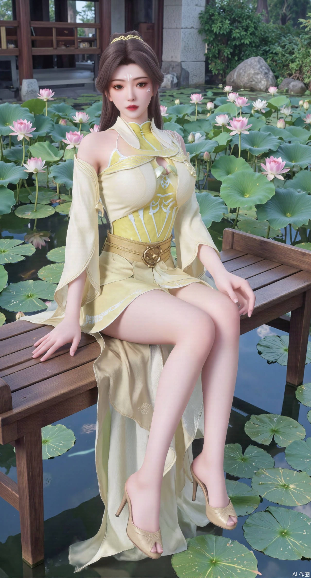  (masterpiece:1.2),best quality,The image is a digital illustration of a young woman sitting on a wooden bench in a pond with lily pads. She is wearing a long dress with design on the chest and sleeves. The dress has a high neckline and short sleeves,Holding a lotus in hand. She has long dark hair styled in loose waves and is wearing gold high heels. The woman is posing with one hand on her hip and the other resting on the edge of the bench. The background is filled with pink and white lotus flowers and green leaves. The overall mood of the image is peaceful and serene,(huge breasts:2.99),(full breasts:2.99),(Background with traditional Chinese architecture,Pond, water lilies:1.39),,XzhihuaX,Xleidianjiangjun,Xyuenanaodai,XmeiningSMW,XhaiyuejiCosplay,Xyoulingniang,XbachongshenziCOS,XjiaodaiqunDHL,Xshuilian,Xhujiaoer,XshanhugongxinhaiCOS,XshengcaierX2,Xxiuhefu,Xsiyudan,XjiangchenY,XyouqianxueK,Xxueliu