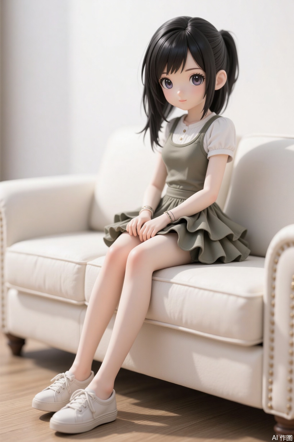 1girl,q-version,Sitting on the sofa, vest, short skirt.