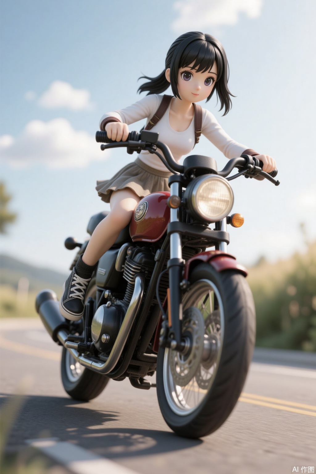 1 girl riding a motorcycle,q-version
