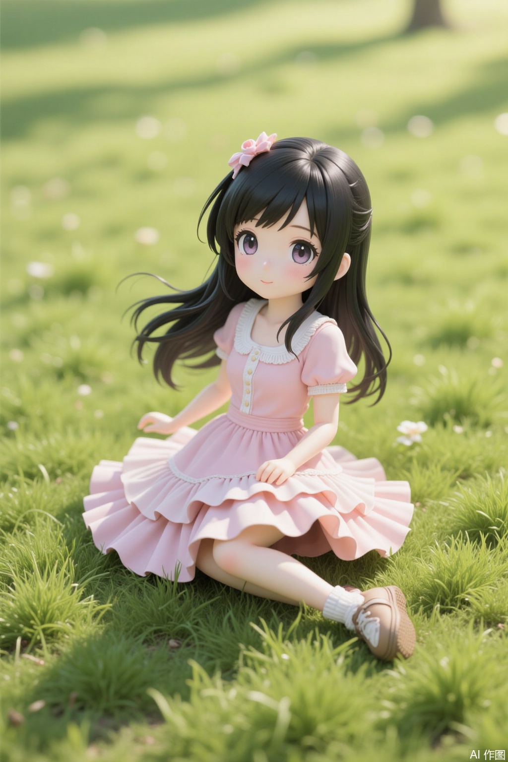 1 girl sitting on the grass,q-version
