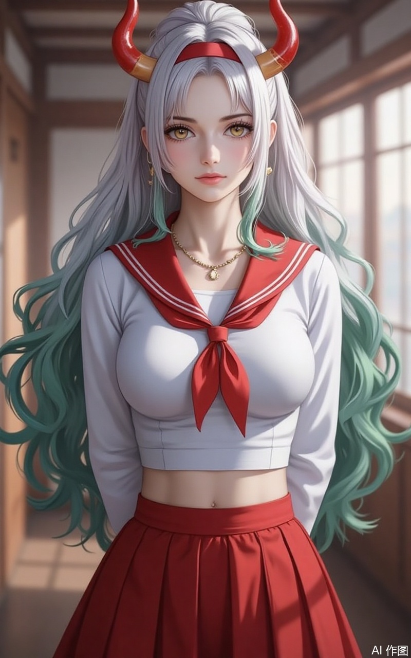 nvdi,lvjing,lvjing,dahe,
horns,multicolored hair,curled horns,long hair,green hair,white hair,multicolored horns,red horns,high ponytail,1girl,skirt,red skirt,solo,looking at viewer,jewelry,blurry,necklace,pleated skirt,school uniform,blurry background,shirt,arms behind back,serafuku,neckerchief,red hairband,long hair,hairband,sailor collar,cowboy shot,indoors,white shirt,red neckerchief,standing,realistic,breasts,midriff,miniskirt,closed mouth,lips,crop top,collarbone,long sleeves,1,cover,simple background,gradient background,close-up details,outstanding style,adding a touch of dimension to your images without compromising details,close-up,