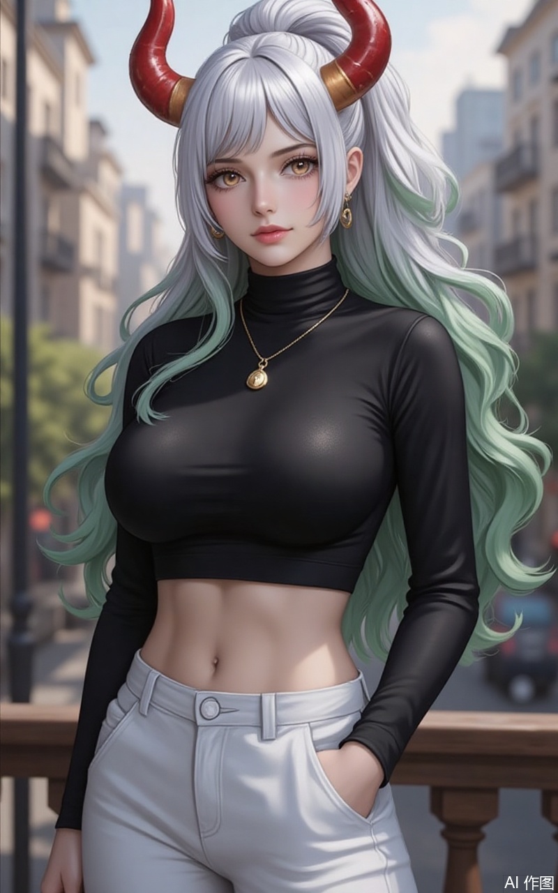 nvdi,lvjing,lvjing,dahe,
horns,multicolored hair,curled horns,long hair,green hair,white hair,multicolored horns,red horns,high ponytail,,1girl, breasts, navel, solo, pants, midriff, crop top, jewelry, necklace, large breasts, long sleeves, black shirt, white pants, shirt, hand in pocket, taut clothes, taut shirt, turtleneck, blurry background, blurry, outdoors, railing, cowboy shot, standing, stomach, short hair, tight clothes, pendant,33