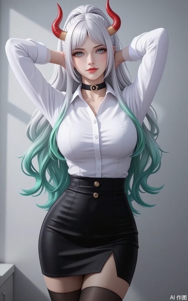 nvdi,lvjing,lvjing,dahe,
horns,multicolored hair,curled horns,long hair,green hair,white hair,multicolored horns,red horns,high ponytail,1girl,solo,shirt,pencil skirt,skirt,white shirt,black skirt,looking at viewer,collared shirt,collar,thighhighs,long sleeves,arms up,arms behind head,choker,breasts,high-waist skirt,red lips,office lady,lips,standing,cowboy shot,indoors,buttons,black thighhighs,dress shirt,realistic,black choker,cover,simple background,gradient background,close-up details,outstanding style,adding a touch of dimension to your images without compromising details,close-up,