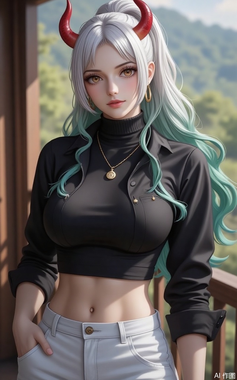 nvdi,lvjing,lvjing,dahe,
horns,multicolored hair,curled horns,long hair,green hair,white hair,multicolored horns,red horns,high ponytail,,1girl, breasts, navel, solo, pants, midriff, crop top, jewelry, necklace, large breasts, long sleeves, black shirt, white pants, shirt, hand in pocket, taut clothes, taut shirt, turtleneck, blurry background, blurry, outdoors, railing, cowboy shot, standing, stomach, short hair, tight clothes, pendant,33