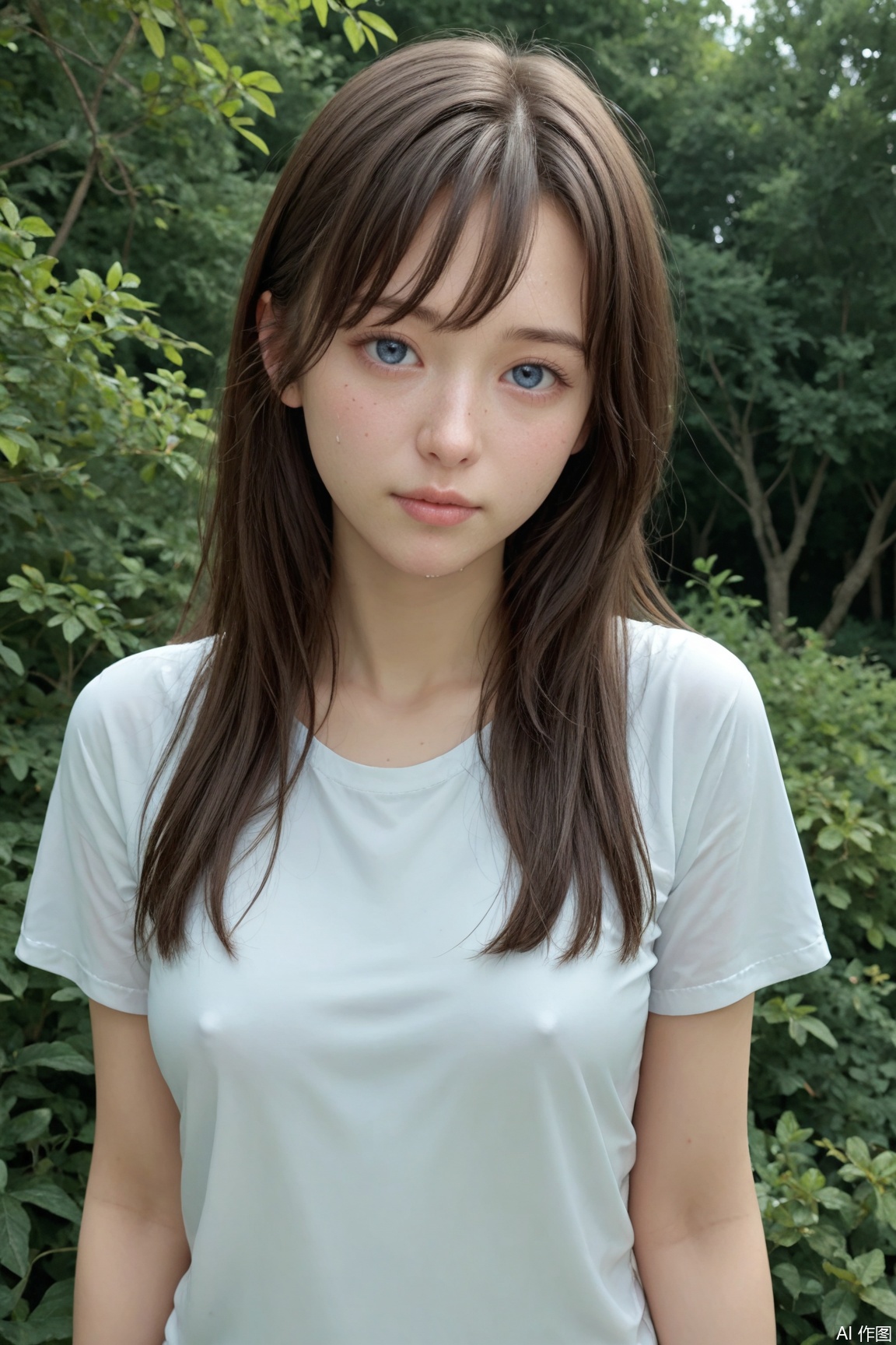 the image is a close-up portrait of a young woman's half body. Her hair is wet and messy, and she is wearing a white shirt. The background is blurred, but it seems to be an outdoor setting with trees and a blue sky. The lighting is soft and natural, highlighting the woman's features. The overall mood of the image is somber and melancholic.