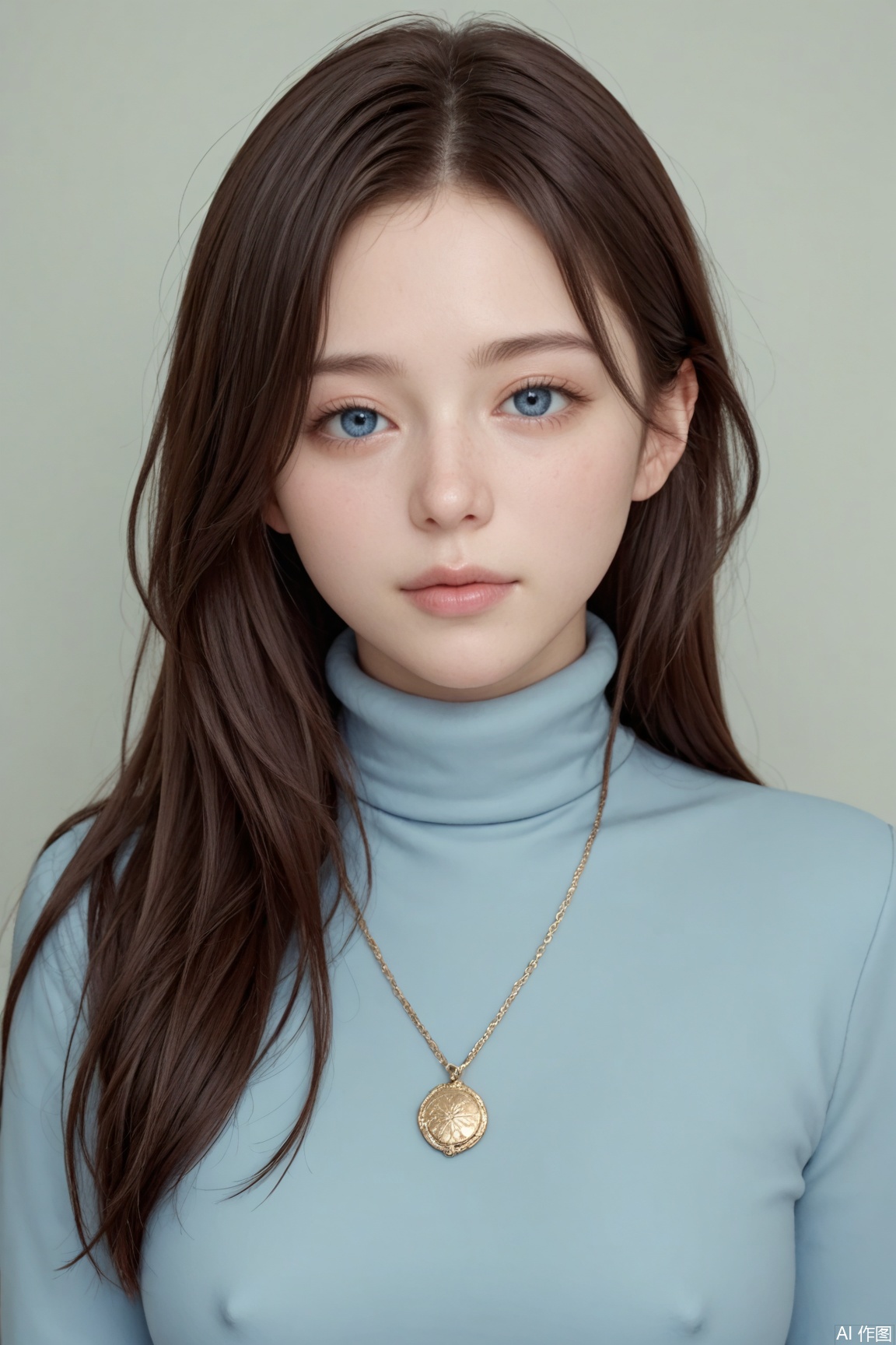 Depicts a young woman. The subject has a pale,porcelain-like complexion and delicate,feminine features,including soft pink lips and striking large blue eyes that look straight at the audience with an intense,almost melancholy expression. Their short,unkempt hair is dark brown with subtle highlights that outline their faces and partially cover their foreheads,adding a sense of vulnerability and mystery.,
The background is a mixture of dark gradual changes,likely to accentuate the subject's face,with no obvious objects or landscapes,putting the focus entirely on the person. The lighting is soft and diffuse,casting soft shadows that accentuate the contours of their faces and the subtle textures of their skin.,
Individuals wear dark turtleneck clothing,possibly a coat or uniform,with a small,ornate gold pendant on the collar. The pendant adds a touch of elegance and contrast to the original dark clothing.,