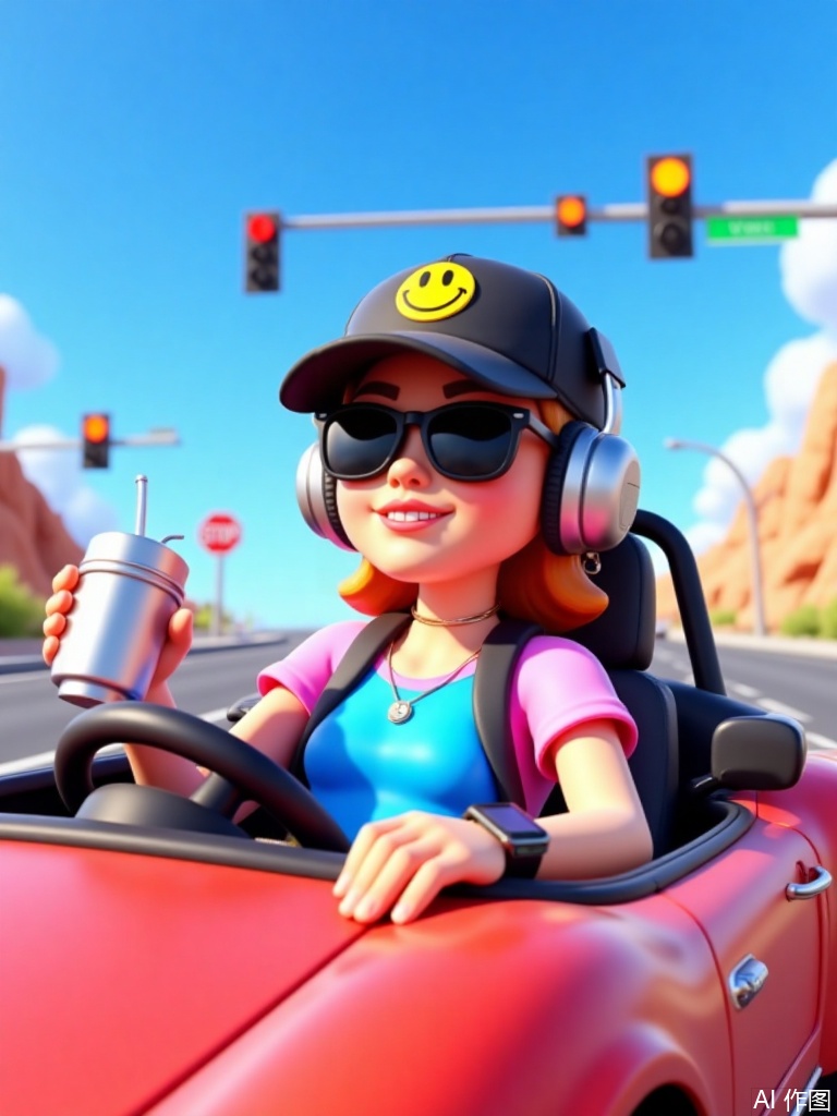 3d,3d,3d,A cartoon character wearing a black hat (with a smiley face logo),black sunglasses,and a silver headphone,dressed in a blue and pink top,with a smartwatch on the wrist and a ring on the finger,holding a silver metal cup with a straw,sitting comfortably in an open-top car with the left hand resting on the door. The background features blue sky and white clouds,with traffic lights and a stop sign in the distance. The overall style is vivid and dynamic 3D cartoon rendering,with a medium shot and a level perspective,showcasing a relaxed scene of the character driving out.,