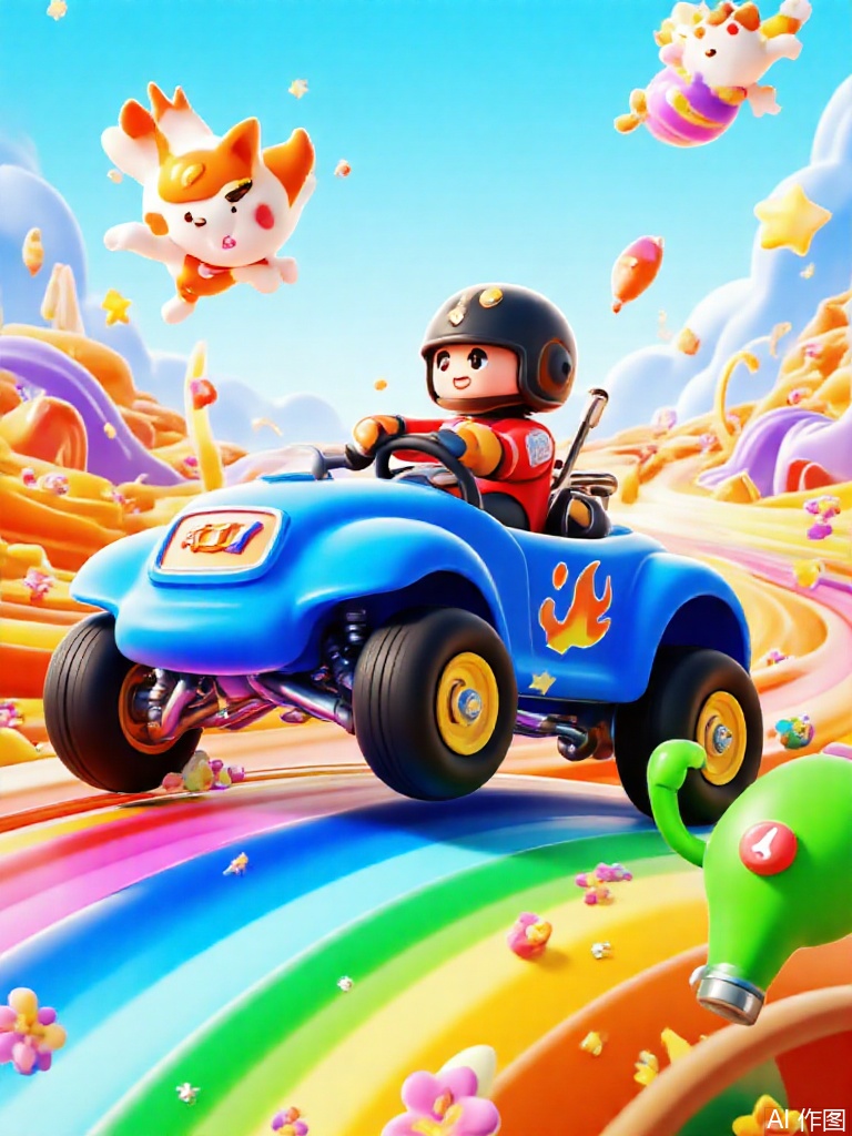 3d,3d,3d,3d,This image depicts a vibrant and whimsical cartoon scene. The main subject is a blue race car with flame patterns on the body and black tires with yellow stripes. The driver, dressed in a red racing suit and wearing a black helmet, grips the steering wheel firmly with a resolute look. The car is racing on a rainbow track surrounded by colorful flowers and fluttering flags. Flying in the sky are several winged kittens with white and orange fur. In the lower right corner of the image, there is a green fuel robot waving a fuel gun.