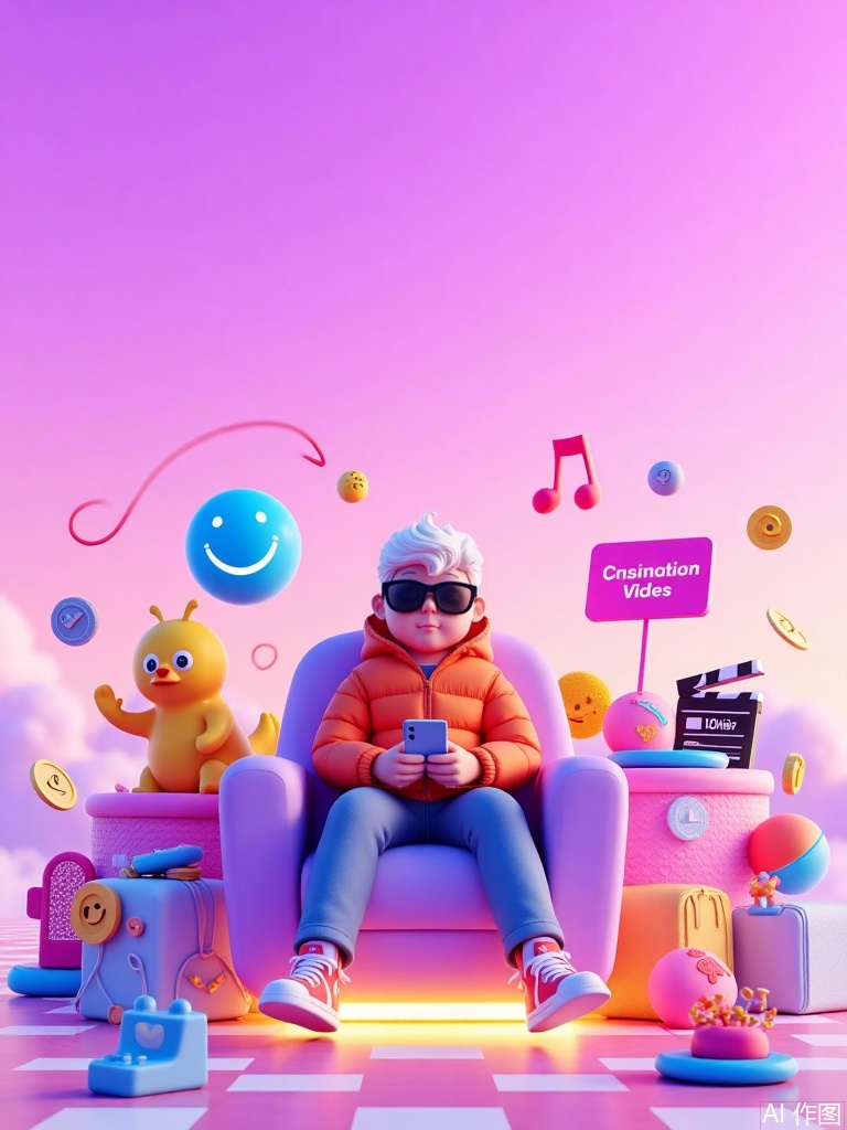 3d,3d,3d,New Consumption,New consumption,gradient background,wearing a down jacket,gradient,a boy sitting in a chair,a boy holding a mobile phone,wearing fashionable clothes,sunglasses,hat,light pink with a warm purple background,white hair,bright lights around the seat,full of toys,glow,alone,sitting,in the background,there is a gradient of the sky,there is a checkerboard pattern. Around the camera are all kinds of floats: a blue smiley face,a pink "promotion" sign,a black and white movie,a boy,stickers,shoes,headphones,coins,shopping carts.,