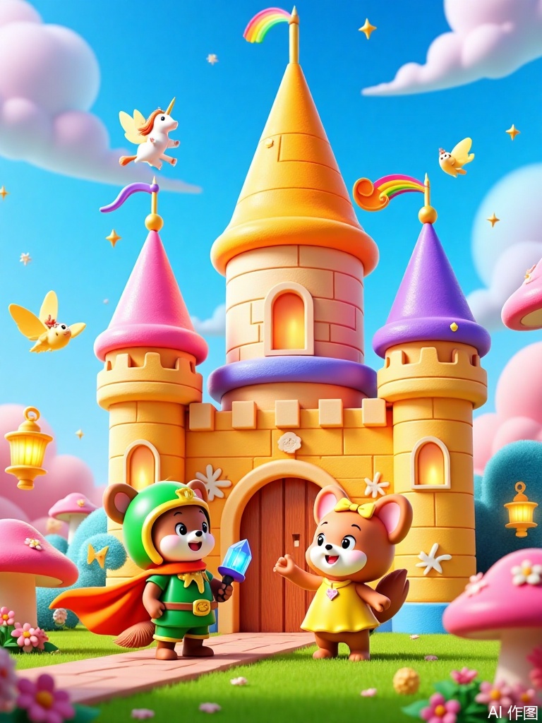 3d,This image displays a vibrant and whimsical cartoon scene. The main subject is a fairy tale castle built with colorful blocks. In front of the castle are two cartoon characters. One is a little hedgehog wearing a green knight's suit and an orange cape, holding a gem-encrusted sword. The other is a little fox dressed in a yellow dress and a bow headband, excitedly pointing at the castle gate. Around the castle, glowing mushrooms sway gently, and fairies carrying lanterns flutter about. At the top of the castle tower, a rainbow-colored unicorn is neighing happily. The gate is decorated with twinkling star patterns, and the entire scene exudes a dreamy and adventurous atmosphere.