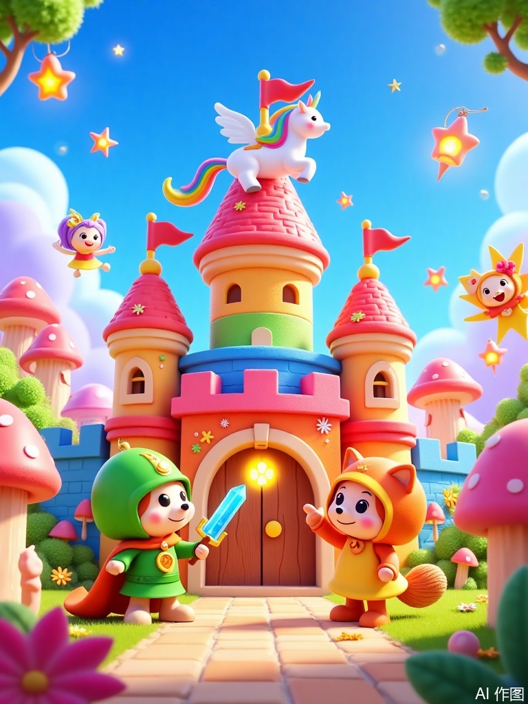 3d,This image displays a vibrant and whimsical cartoon scene. The main subject is a fairy tale castle built with colorful blocks. In front of the castle are two cartoon characters. One is a little hedgehog wearing a green knight's suit and an orange cape, holding a gem-encrusted sword. The other is a little fox dressed in a yellow dress and a bow headband, excitedly pointing at the castle gate. Around the castle, glowing mushrooms sway gently, and fairies carrying lanterns flutter about. At the top of the castle tower, a rainbow-colored unicorn is neighing happily. The gate is decorated with twinkling star patterns, and the entire scene exudes a dreamy and adventurous atmosphere.