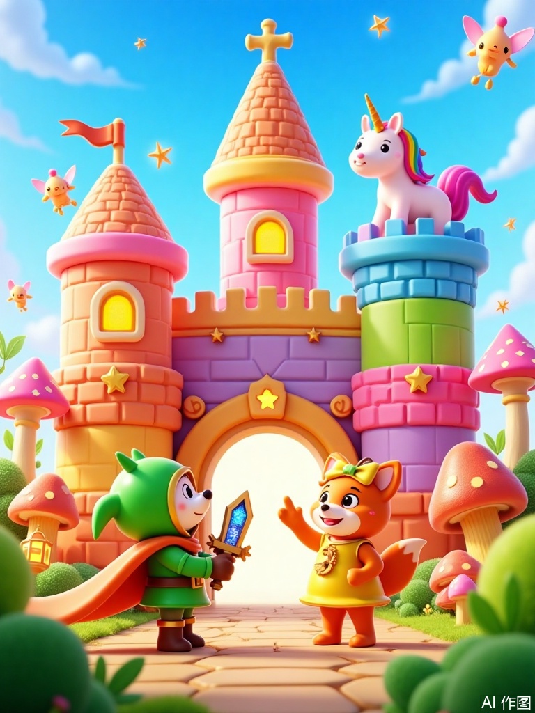 3d,This image displays a vibrant and whimsical cartoon scene. The main subject is a fairy tale castle built with colorful blocks. In front of the castle are two cartoon characters. One is a little hedgehog wearing a green knight's suit and an orange cape, holding a gem-encrusted sword. The other is a little fox dressed in a yellow dress and a bow headband, excitedly pointing at the castle gate. Around the castle, glowing mushrooms sway gently, and fairies carrying lanterns flutter about. At the top of the castle tower, a rainbow-colored unicorn is neighing happily. The gate is decorated with twinkling star patterns, and the entire scene exudes a dreamy and adventurous atmosphere.