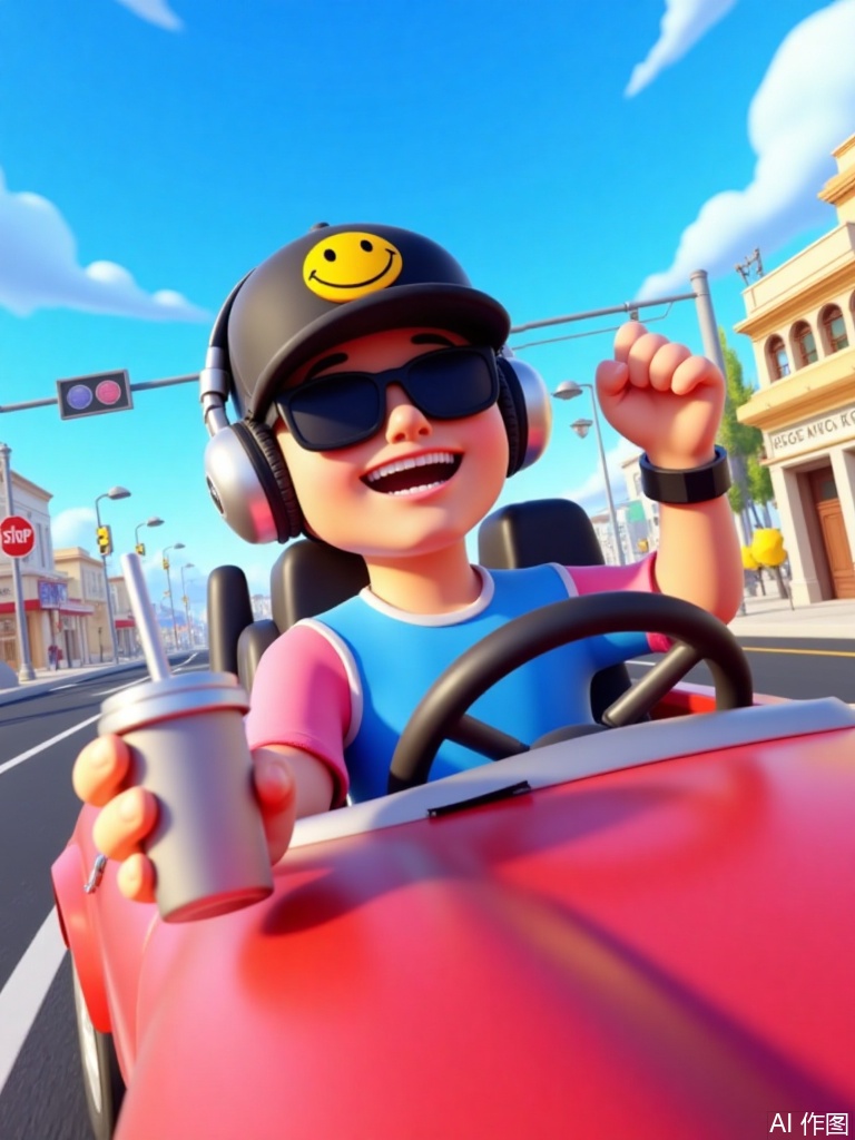 3d,3d,3d,A cartoon character wearing a black hat (with a smiley face logo),black sunglasses,and a silver headphone,dressed in a blue and pink top,with a smartwatch on the wrist and a ring on the finger,holding a silver metal cup with a straw,sitting comfortably in an open-top car with the left hand resting on the door. The background features blue sky and white clouds,with traffic lights and a stop sign in the distance. The overall style is vivid and dynamic 3D cartoon rendering,with a medium shot and a level perspective,showcasing a relaxed scene of the character driving out.,