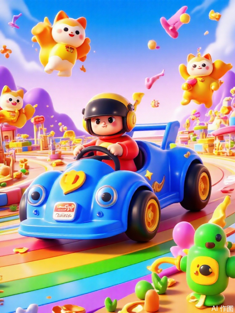 3d,3d,3d,3d,This image depicts a vibrant and whimsical cartoon scene. The main subject is a blue race car with flame patterns on the body and black tires with yellow stripes. The driver, dressed in a red racing suit and wearing a black helmet, grips the steering wheel firmly with a resolute look. The car is racing on a rainbow track surrounded by colorful flowers and fluttering flags. Flying in the sky are several winged kittens with white and orange fur. In the lower right corner of the image, there is a green fuel robot waving a fuel gun.