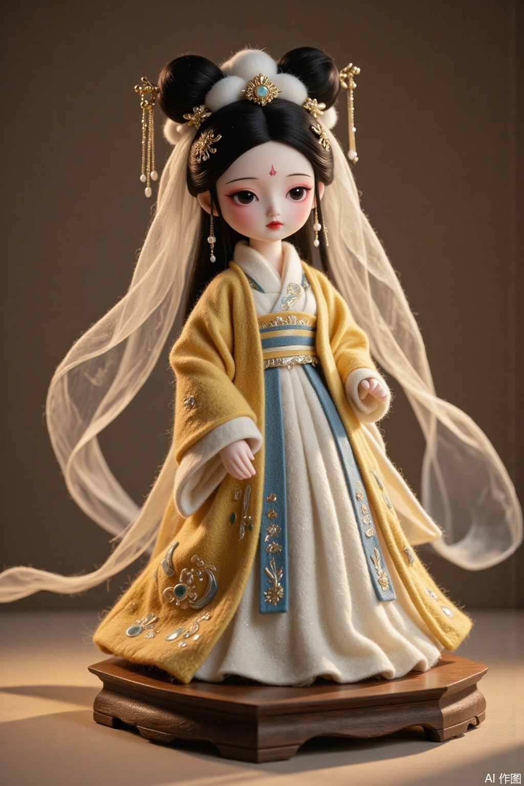 Chinese mythical figure Bai Suzhen, ancient style, wool felt Hanfu, doll, classical hairstyle, double bun, hair accessories, white veil big eyes, character sitting posture, wooden base, traditional clothing details,The classic hairstyle of Bai Suzhen, with long temples,National style ancient style background,dhbh,mr,wawa,jbss,fgxp