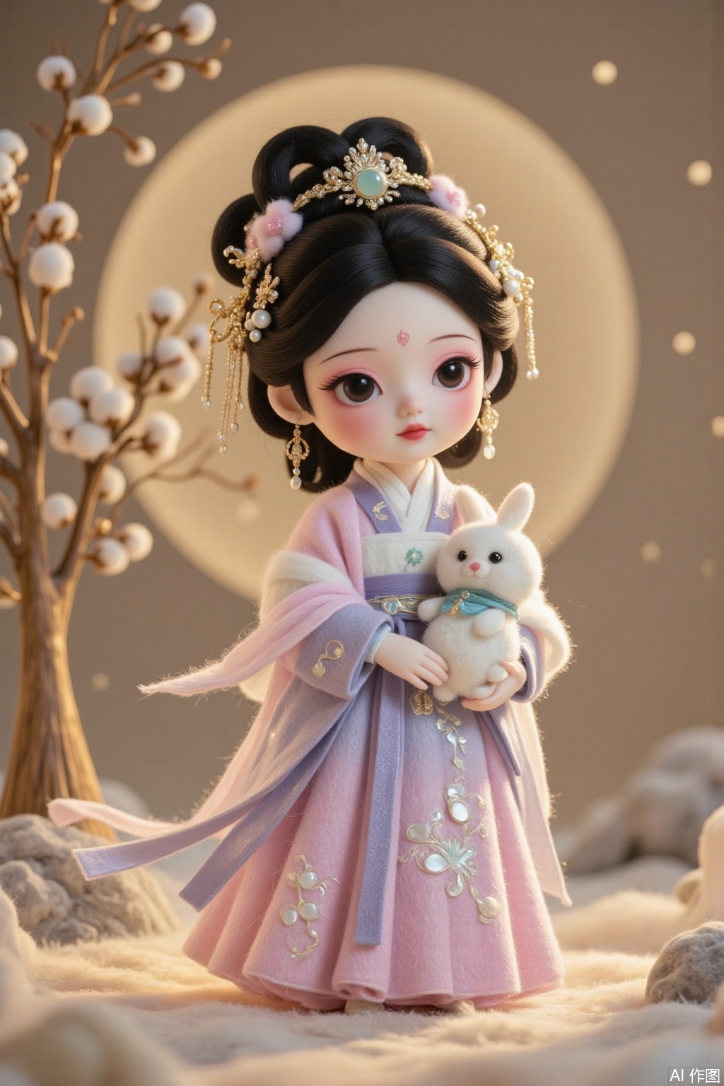 Chinese style cloth doll, Chang'e fairy character, chibi cute design, (wool felt material clothing:1.3), Hanfu cross-collar dress with gradient pink skirt, lavender silk shawl, hand-stitched texture, fluffy edge details, intricate cloud pattern embroidery, 3D wool fiber texture, rosy translucent cheeks, black classical bun with jade hairpin, holding white jade rabbit plush, warm beige full moon background with osmanthus tree, soft volumetric lighting, 8k ultra-detailed, claymation style, gentle bokeh effect, watercolor wash tones, --ar 3:4 --v 6.0