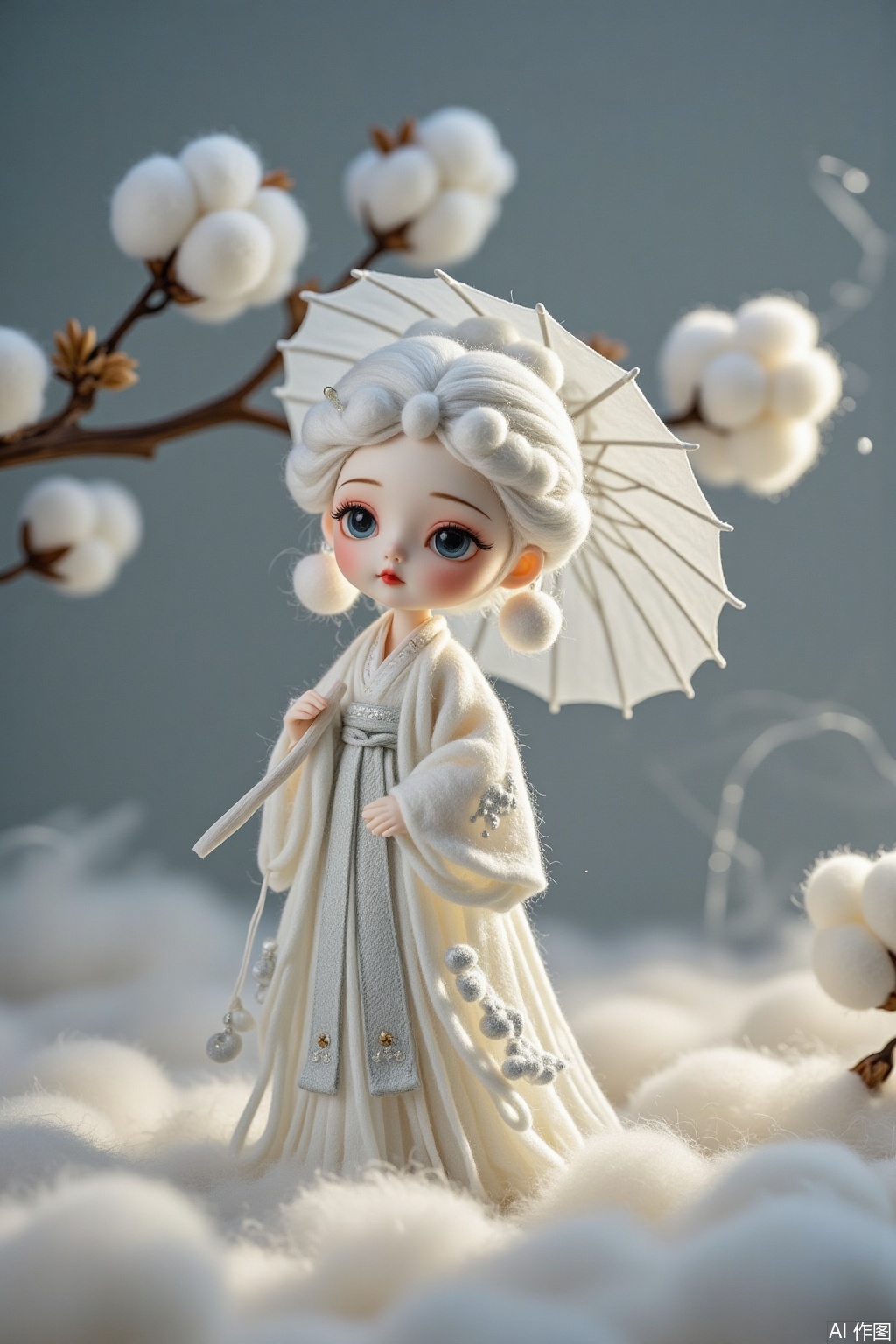 Ultra-detailed wool felt Bai Suzhen doll in pure white Hanfu, Q-version chibi style, Song Dynasty Ruqun with layered white gauze, silver-thread embroidered cloud patterns, delicate pearl hairpins, translucent oil-paper umbrella with white plum blossom motifs. Soft wool fiber texture, morning light casting subtle shadow on felt stitches, blurred misty West Lake background with snow-like petals. Ethereal white color scheme, jade accessories glowing softly, 8k macro photography with visible fabric fuzz, Nikon Z9 + 105mm f/1.8 lens --niji 6 --style raw --ar 3:4