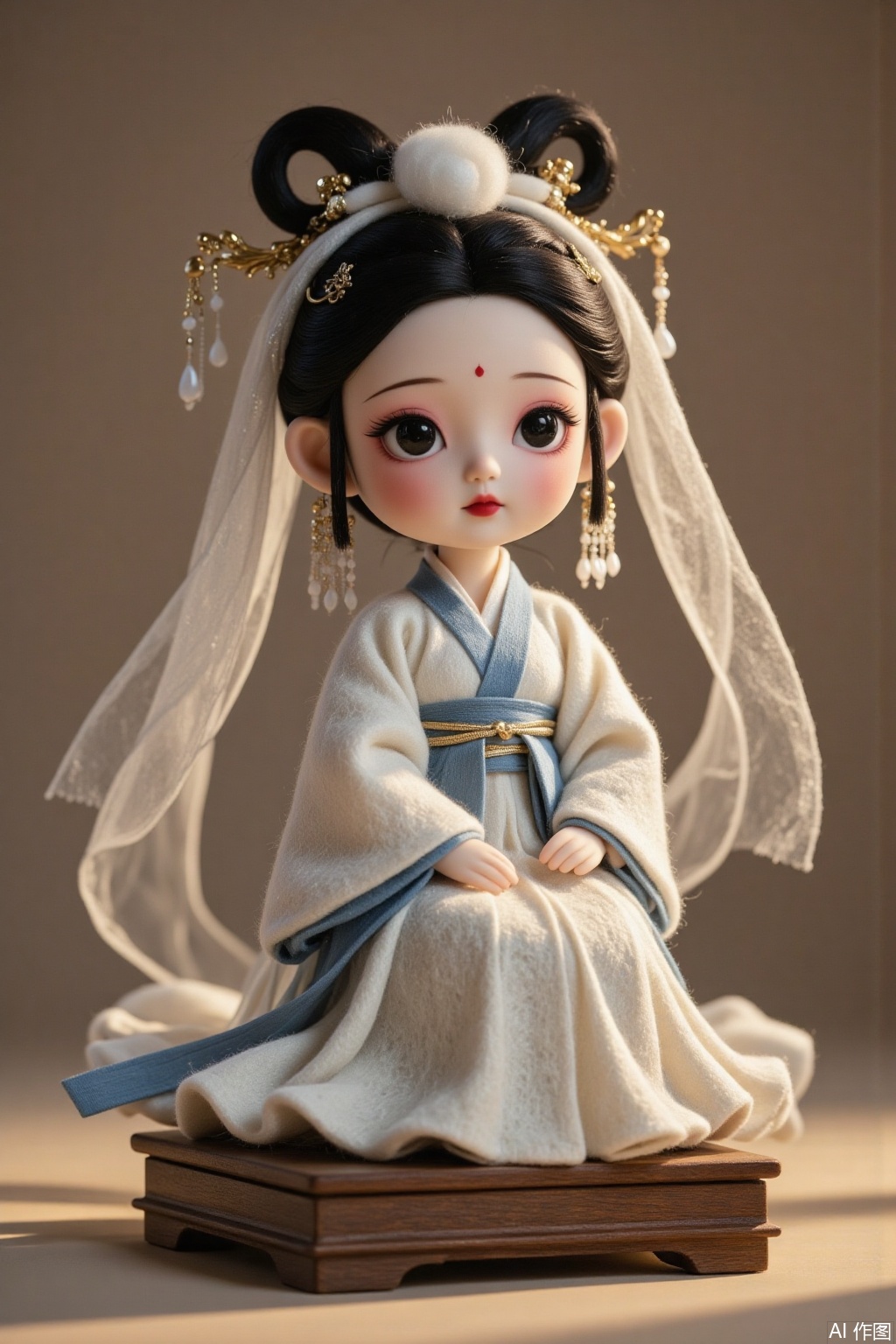 Chinese mythical figure Bai Suzhen, ancient style, wool felt Hanfu, doll, classical hairstyle, double bun, hair accessories, white veil big eyes, character sitting posture, wooden base, traditional clothing details,The classic hairstyle of Bai Suzhen, with long temples,National style ancient style background,dhbh,mr,wawa,jbss,fgxp