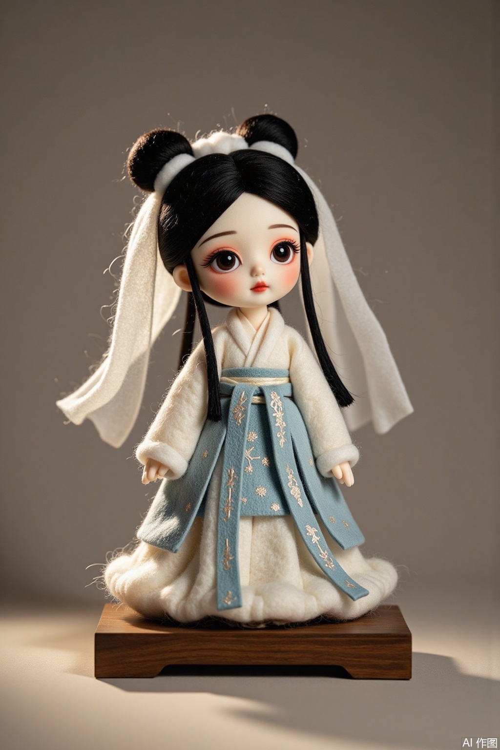 Chinese mythical figure Bai Suzhen, ancient style, wool felt Hanfu, doll, classical hairstyle, double bun, hair accessories, white veil big eyes, character sitting posture, wooden base, traditional clothing details,The classic hairstyle of Bai Suzhen, with long temples,