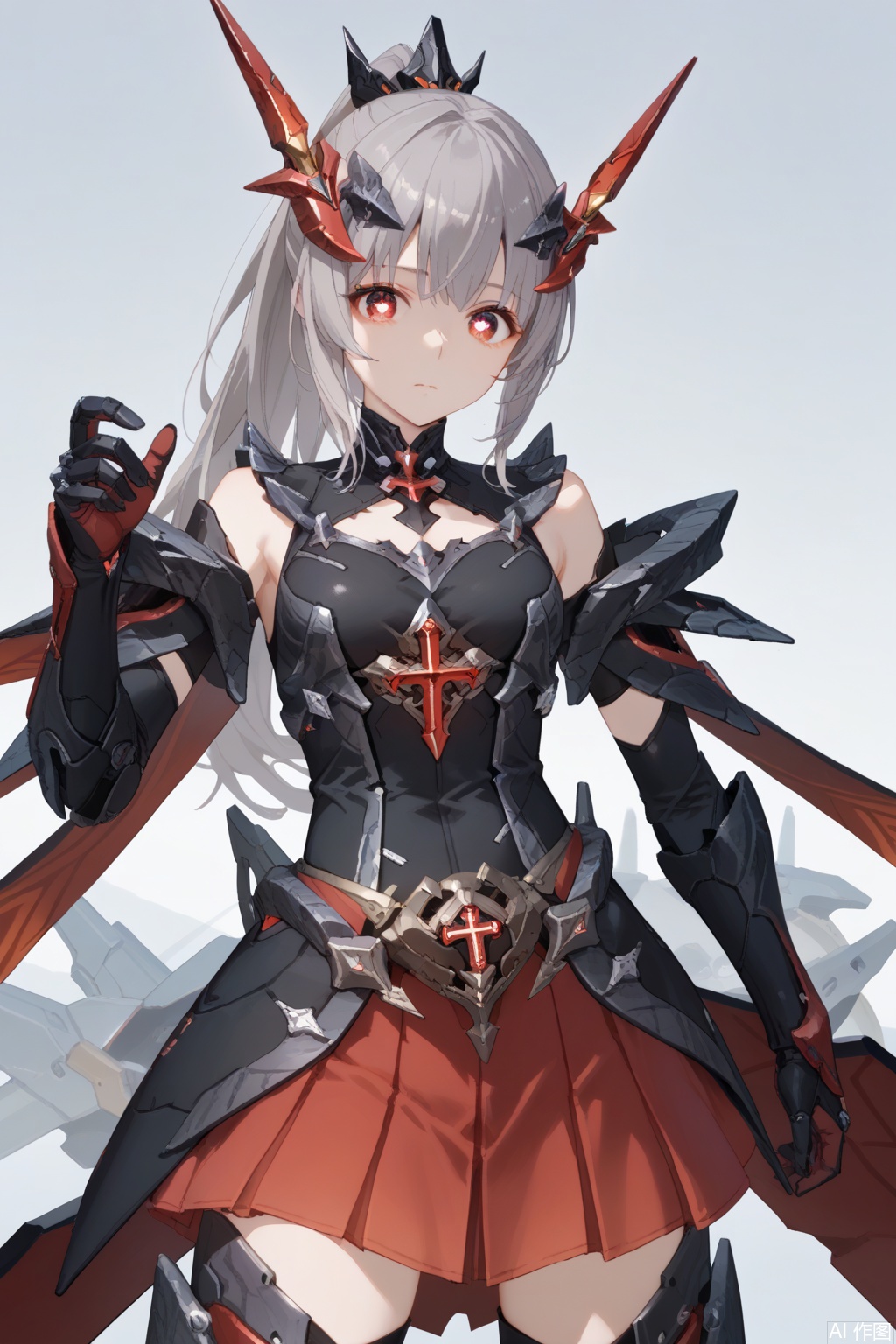  score_9,score_8_up,score_7_up,score_6_up,masterpiece,best quality,1girl,nanami, solo, long hair,horns,cross shaped pupils,ponytail,breasts, bangs, skirt, red eyes,  grey hair, armor, gradient, red skirt, headgear, mecha musume,cowboy shot
