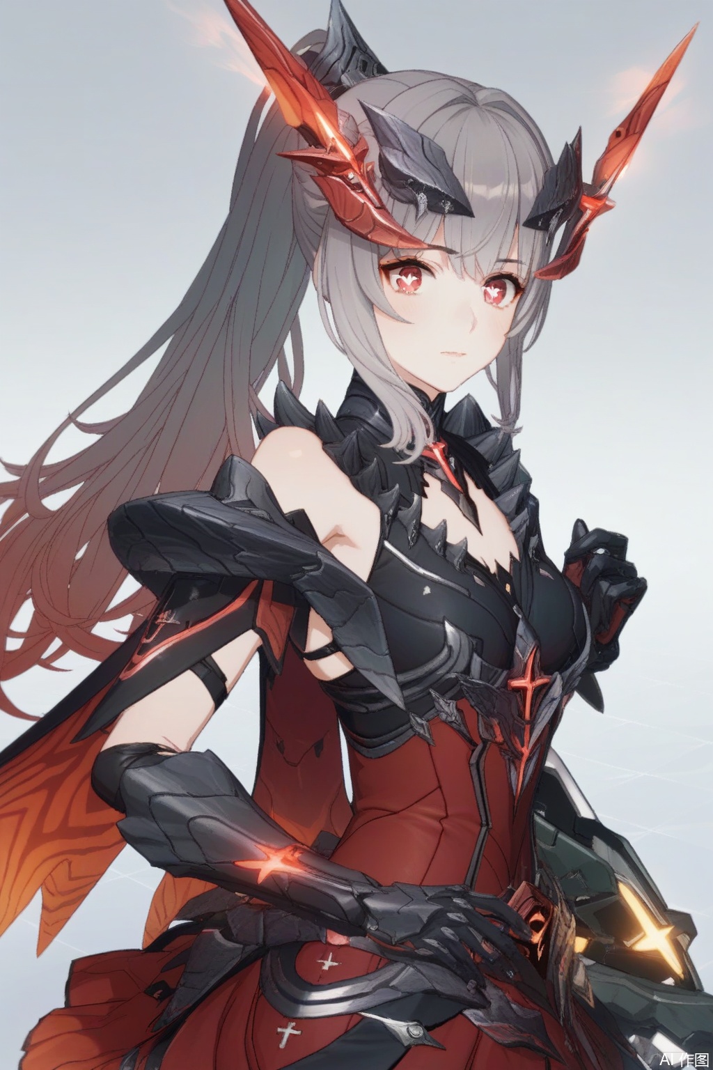  score_9,score_8_up,score_7_up,score_6_up,masterpiece,best quality,1girl,nanami, solo, long hair,horns,cross shaped pupils,ponytail,breasts, bangs, skirt, red eyes, gloves, grey hair, armor, gradient, red skirt, headgear, mecha musume,cowboy shot,
