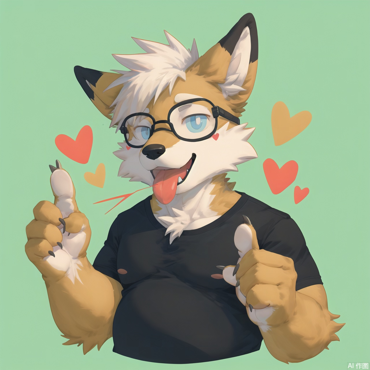 The image depicts a stylized character resembling a fox, with white and orange fur, wearing black glasses and a black shirt. The character has spiky white hair and is making a playful expression with its mouth open, showing a tongue. It is pointing with its right hand, and there is a green background with heart shapes. solo,Fat Furry Shota