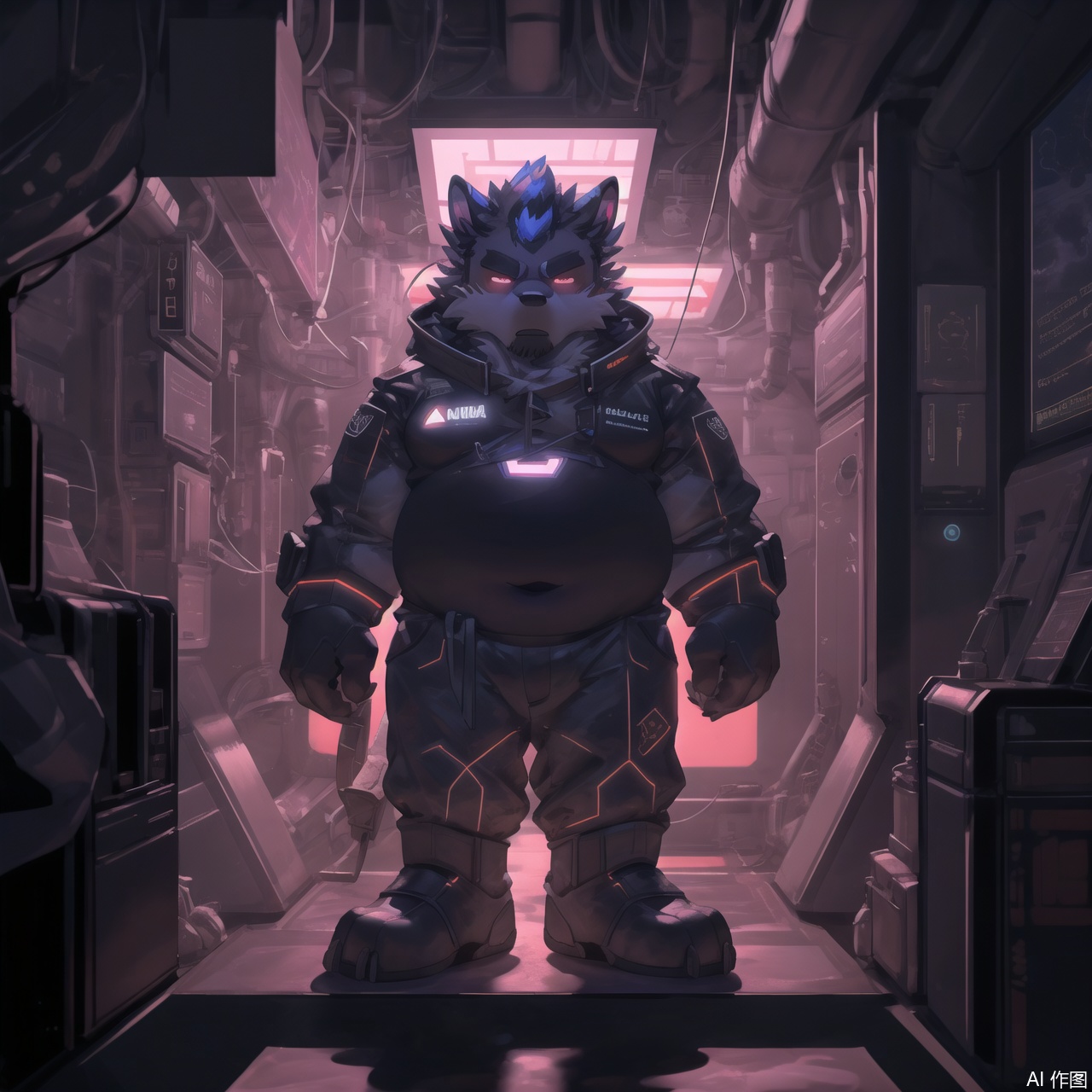 Fat Furry Shota,The image depicts a scene from a video game, likely a sci-fi or fantasy setting. In the foreground, there is a large, menacing figure with a dark, metallic appearance, adorned with spikes and glowing red accents. This character is standing prominently in the center of the image. Behind the character, there is a futuristic, high-tech environment with screens displaying various data and interfaces. The screens show numerical values and other technical information, suggesting a sci-fi or futuristic context.

The overall aesthetic of the image is dark and intense, with a focus on the central character and the high-tech background. The lighting is dramatic, with highlights and shadows emphasizing the character's form and the futuristic setting.