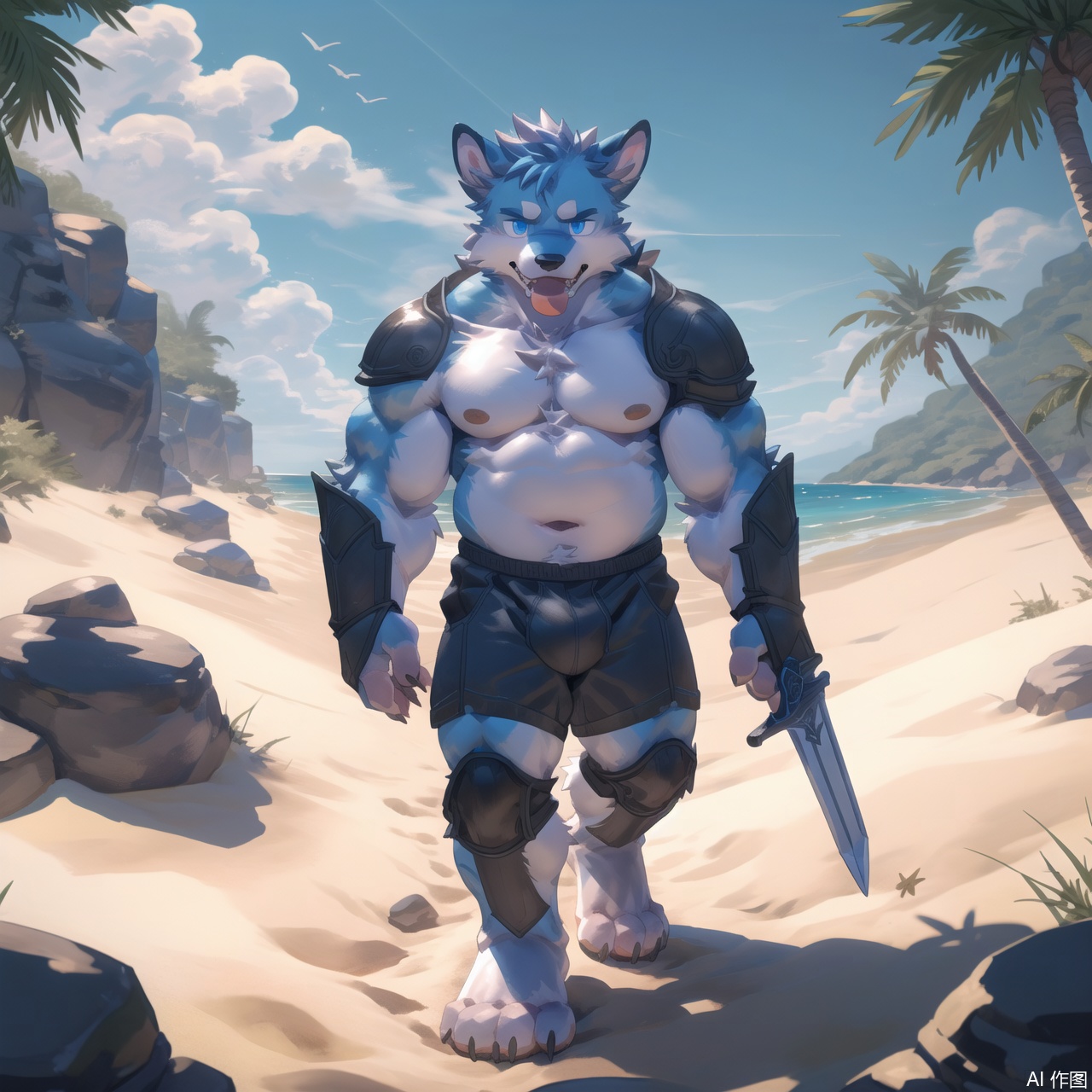 solo, blue eyes, 1boy, navel, holding, animal ears, full body, weapon, male focus, outdoors, sky, barefoot, teeth, day, tongue, sword, artist name, cloud, holding weapon, armor, tree, muscular, colored skin, beach, holding sword, black shorts, abs, pectorals, muscular male, shoulder armor, sheath, bara, furry, running, sand, palm tree, furry male, red skin, male swimwear,Fat Furry Shota
