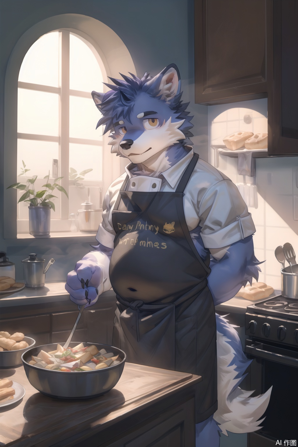 The image depicts a stylized, anthropomorphic wolf character dressed in a chef's outfit, standing in a kitchen. The character has long, wavy purple hair and is wearing a dark blue apron with the word "MOIEE" written on it. The apron is adorned with a golden crown-like emblem. The wolf character is holding a ladle in one hand and a small bowl of sauce in the other, seemingly preparing food.

In the background, there is a kitchen setting with shelves holding various baked goods, including bread and pastries. The walls are decorated with intricate patterns, and there is a large window with a stained glass design, allowing light to stream into the room. The overall atmosphere is warm and inviting, with a focus on culinary activities.Fat Furry Shota