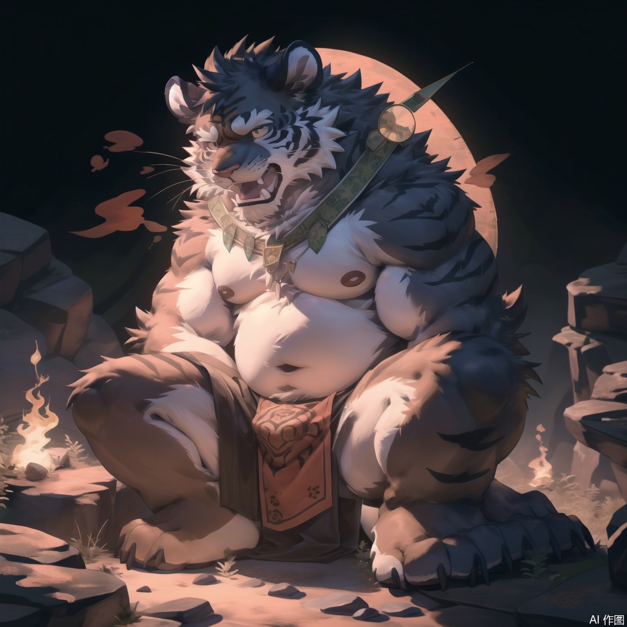 The image depicts a muscular anthropomorphic tiger sitting on a rock formation. The tiger has a strong and imposing presence, with its body covered in orange and black stripes. It is wearing minimal clothing, consisting of a loincloth, and has a necklace with a large green pendant around its neck. The tiger's expression is fierce, with its mouth open as if roaring or growling. The background is a warm, gradient orange, with abstract shapes and glowing orbs that add a mystical or fantastical atmosphere to the scene. The overall style is highly detailed and vibrant, typical of digital art.Fat Furry Shota