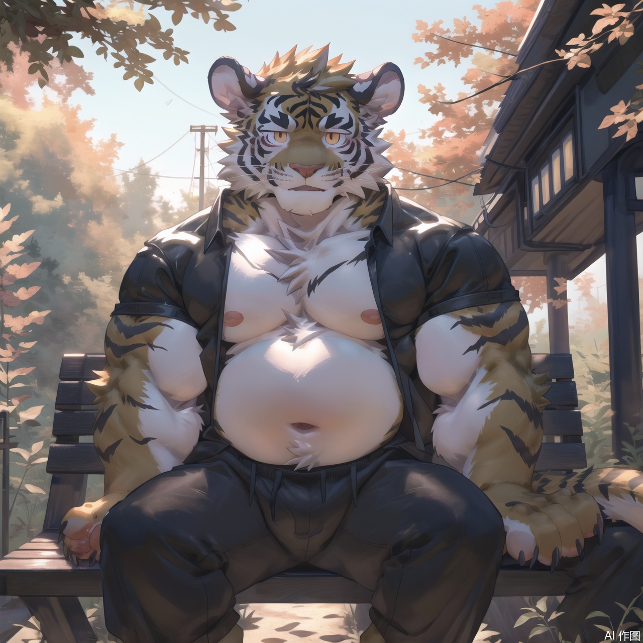 solo, looking at viewer, short hair, shirt, 1boy, animal ears, tail, male focus, outdoors, pants, from side, tree, orange eyes, muscular, pectorals, muscular male, bara, furry, bench, furry male, tiger ears, brown pants, white fur, tiger tail, tiger boy, orange fur, multicolored fur, tiger stripes,Fat Furry Shota