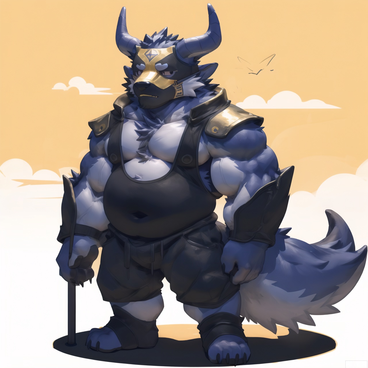 The image depicts a highly detailed and vibrant figurine of a character with a muscular build, predominantly blue in color. The character has a muscular physique with visible veins and a well-defined chest and abdomen. The character is wearing a pair of purple shorts with white patterns and golden arm guards. The character also has a pair of large, curved horns protruding from its head, and its face is partially obscured by a mask. The overall design is intricate and appears to be a collectible or a character from a specific franchise. The background is completely black, which makes the figurine stand out prominently.solo,Fat Furry Shota