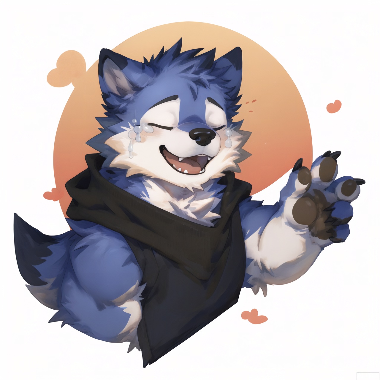 The image depicts a cartoon wolf character with a white fur, black nose, and a black scarf. The wolf has a joyful expression, with its eyes closed and tears streaming down its face. The tears are depicted as blue and white, indicating a sense of happiness or laughter. The background is a gradient of orange and brown, giving a warm and vibrant feel to the image. The wolf is wearing a dark scarf, and the overall style is playful and expressive, typical of digital art.Fat Furry Shota