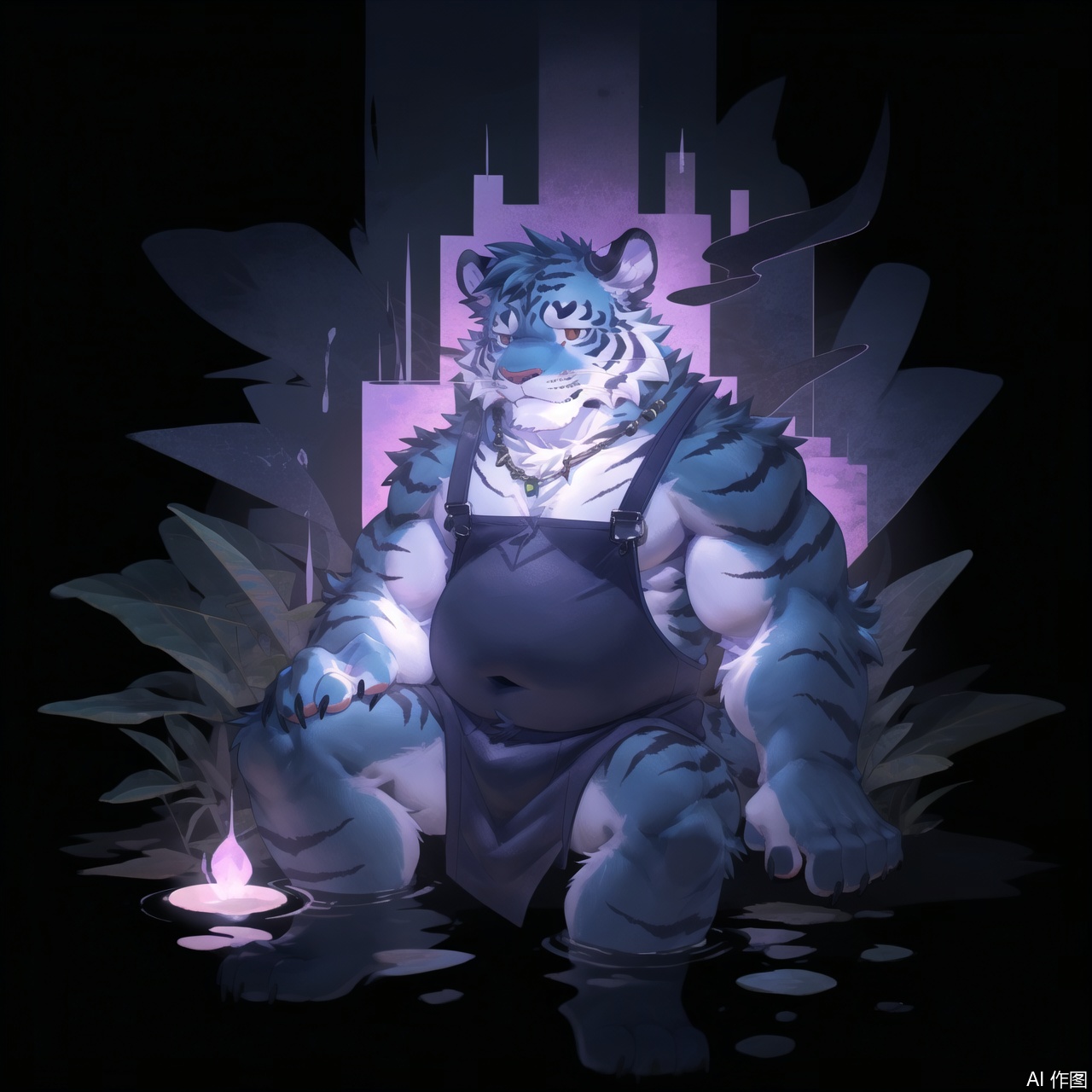 The image depicts a muscular anthropomorphic tiger sitting in water, wearing a turquoise loincloth and a necklace with a diamond-shaped pendant. The tiger has a confident and powerful posture, with one arm resting on its knee and the other on the ground. The background features abstract elements, including floating bubbles and stylized plants, creating a mystical and natural setting. The overall color palette is dark with highlights of orange and turquoise, emphasizing the tiger's vibrant fur and the serene yet powerful atmosphere.Fat Furry Shota