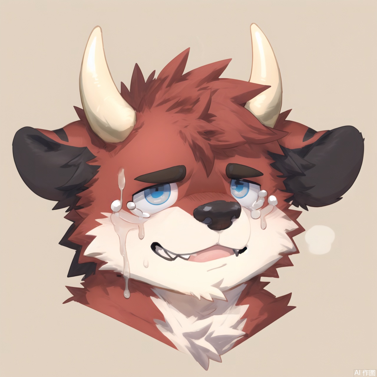 solo, smile, short hair, simple background, 1boy, yellow skin,ox boy, close eyes,cattle, male focus, horns, chibi, grin, Two tears, tears spewing out, a large number of tears, crying and laughing, thick eyebrows, portrait, bara, furry, close-up, cow ears, cow horns, furry male, brown fur,Fat Furry Shota