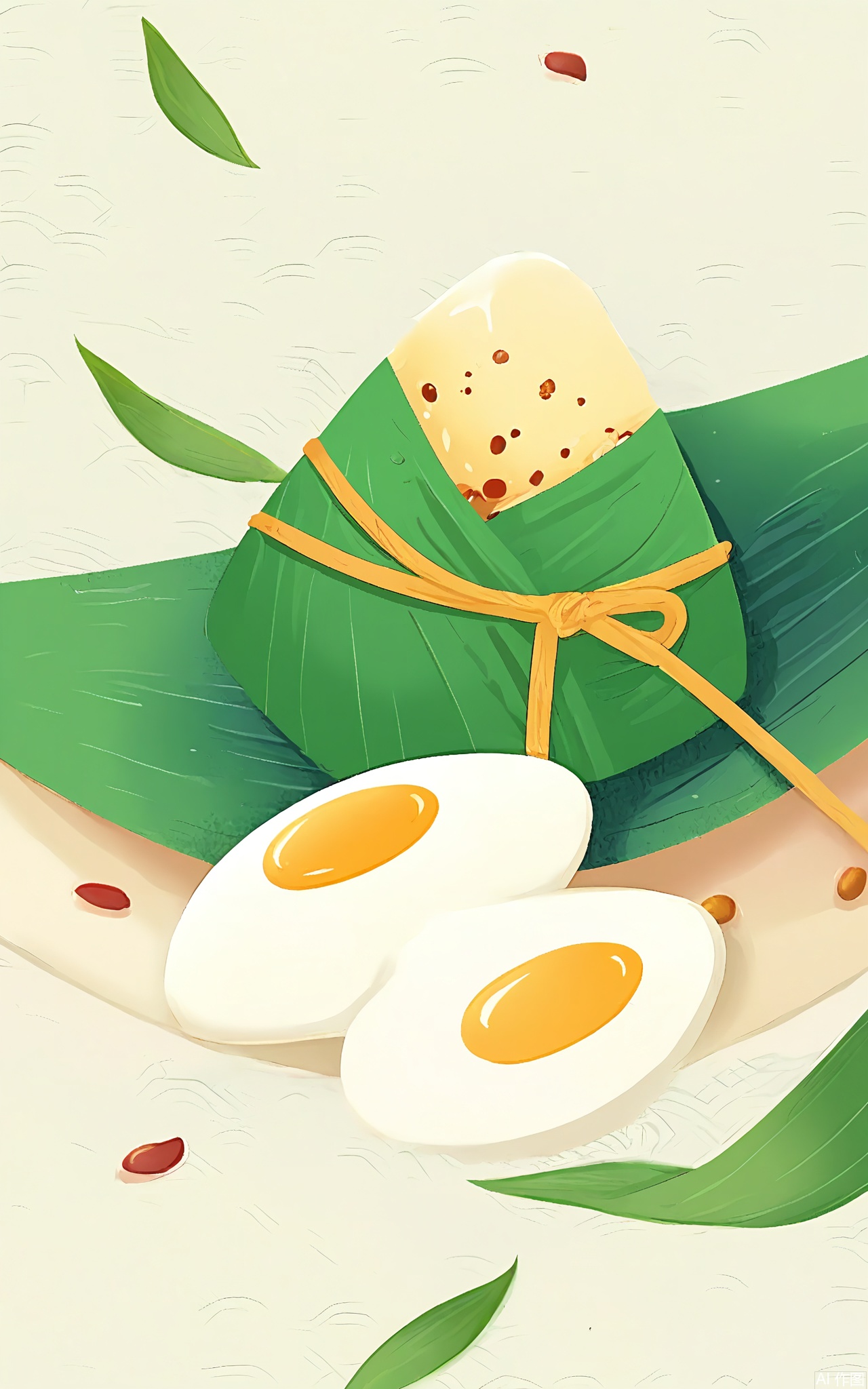 DWJ, A playful scene of anthropomorphic salted duck eggs roller-skating through a field of giant reed leaves. Their shells crack to release constellations of golden rice grains.
