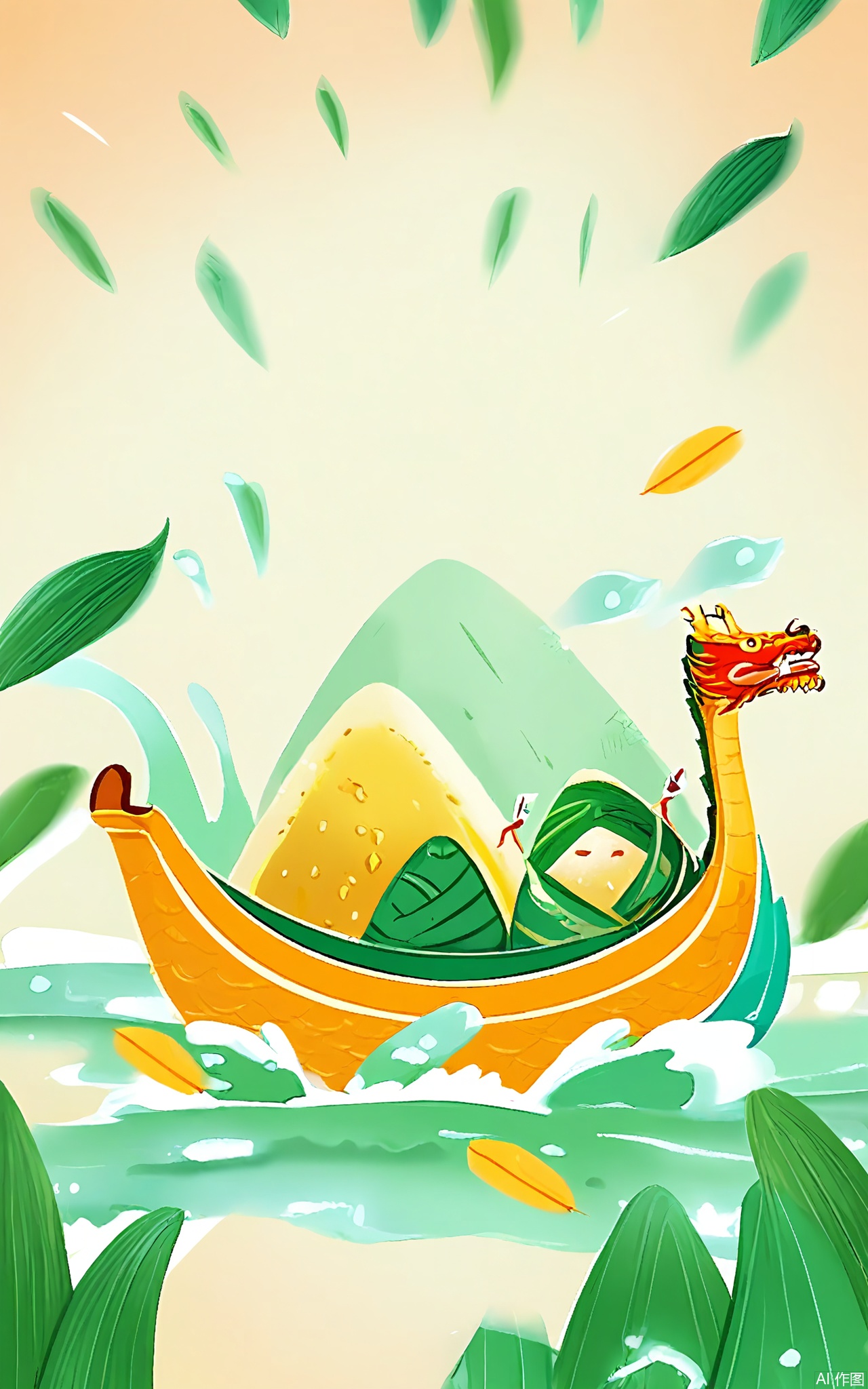 DWJ, A joyful scene of anthropomorphic zongzi (rice dumplings) racing in a banana-shaped boat with a dragon head. Each zongzi wears a tiny life jacket and paddles furiously, surrounded by swirling green reed leaves and golden rice grains splashing in their wake.
