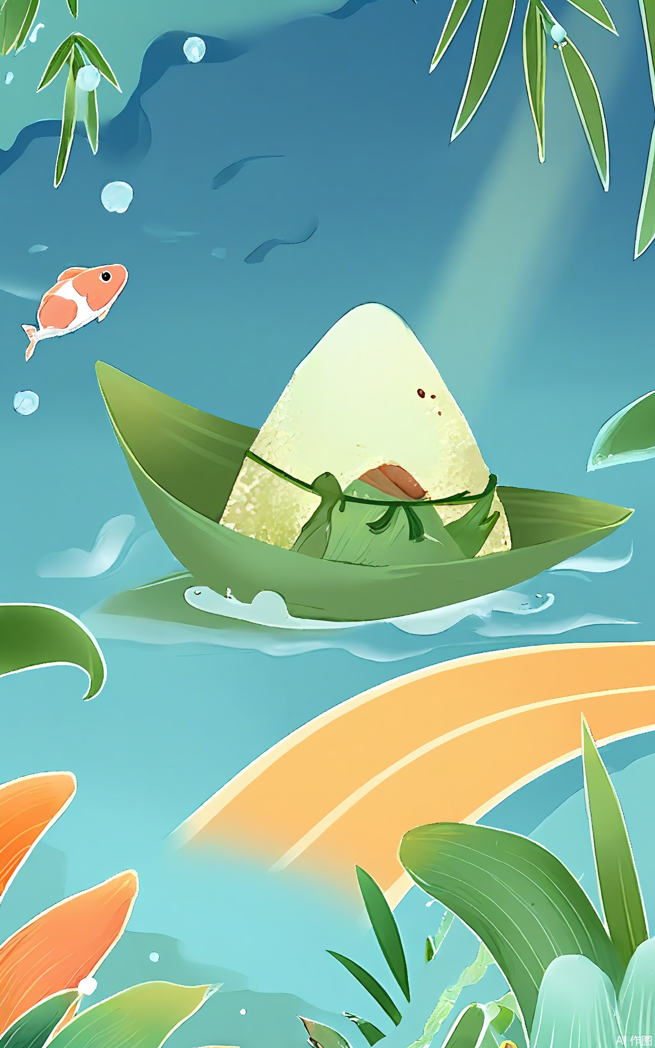 DWJ, A dreamy underwater realm where fish with zongzi-patterned scales swim through coral made of woven bamboo strips. Sunlight filters through water droplets shaped like hanging sachets, releasing trails of golden rice.
