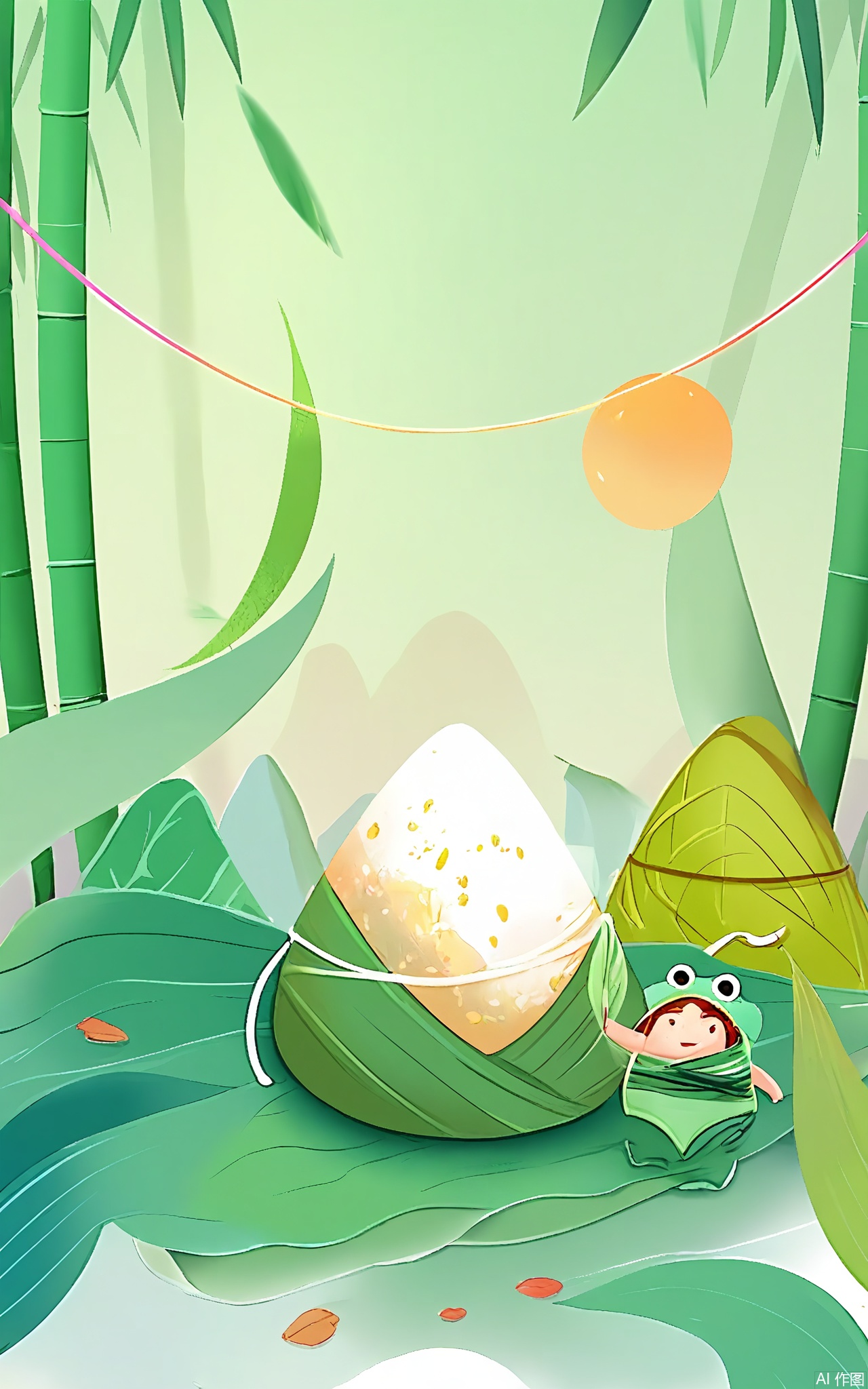 DWJ, A child figure in a frog-costume balances on a giant lotus leaf, holding a string of colorful thread bracelets. The background blends translucent bamboo leaves with floating sticky rice grains shaped like stars.

