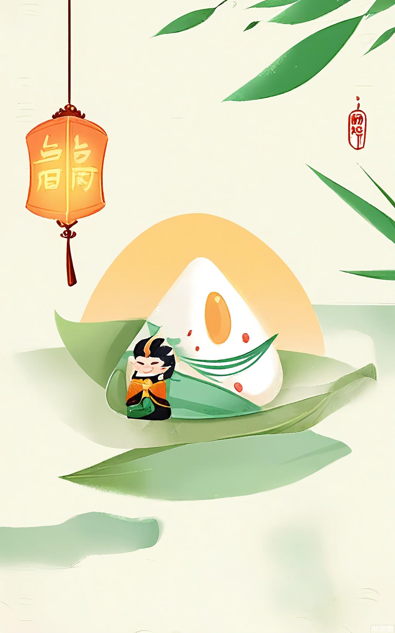 DWJ, A dreamlike procession of glowing lanterns shaped like inverted rice bowls, each carrying a smiling Qu Yuan figurine. They drift through a sky streaked with auroras of woven mugwort leaves.
