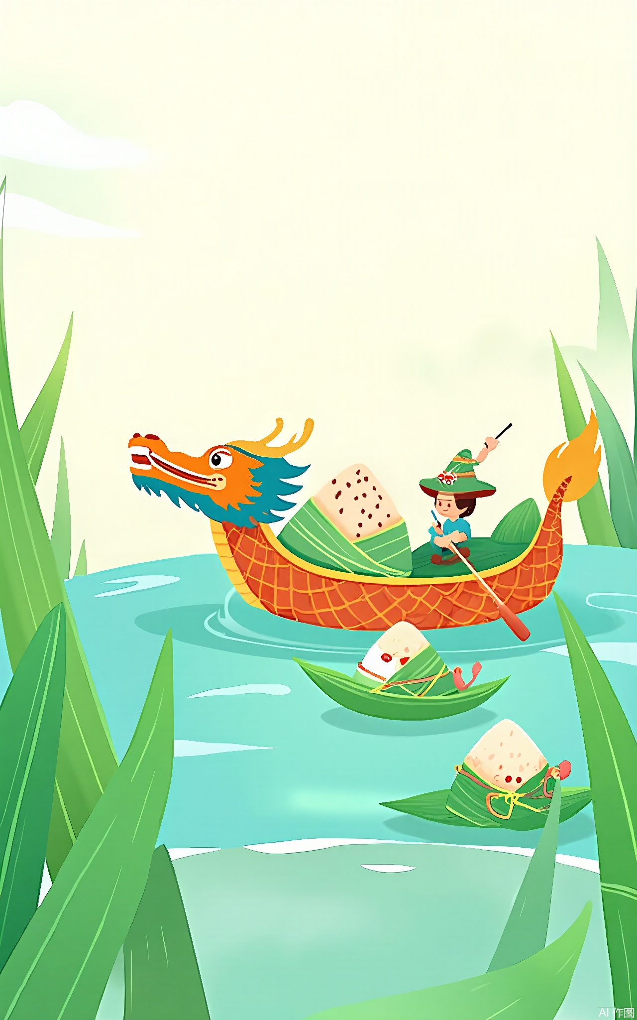 DWJ, 
A whimsical scene of a dragon boat gliding through emerald-green reed leaves, its prow shaped like a smiling mooncake. A paddler in a rice-patterned hat waves a drumstick, surrounded by floating zongzi with tiny legs.
