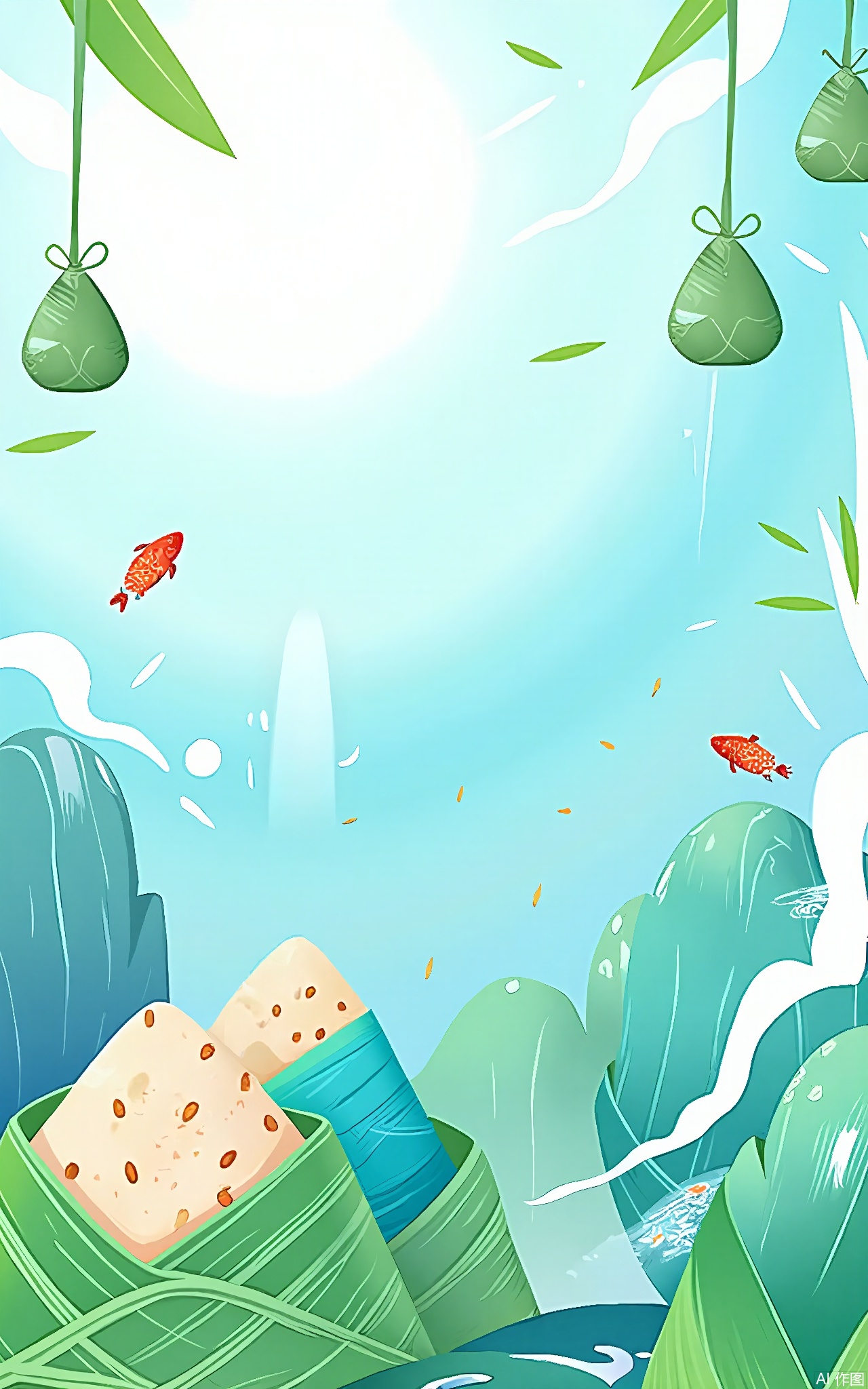 DWJ, 
A dreamy underwater realm where fish with zongzi-patterned scales swim through coral made of woven bamboo strips. Sunlight filters through water droplets shaped like hanging sachets, releasing trails of golden rice.
