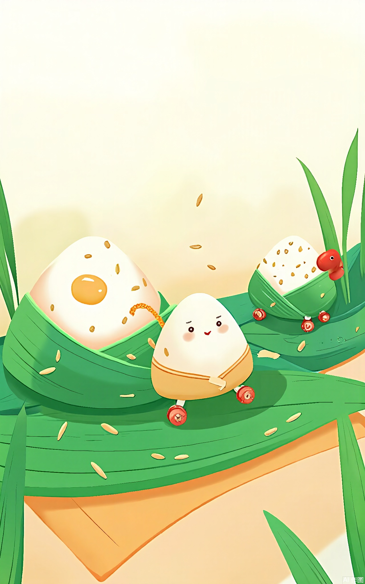 DWJ, 
A playful scene of anthropomorphic salted duck eggs roller-skating through a field of giant reed leaves. Their shells crack to release constellations of golden rice grains.
